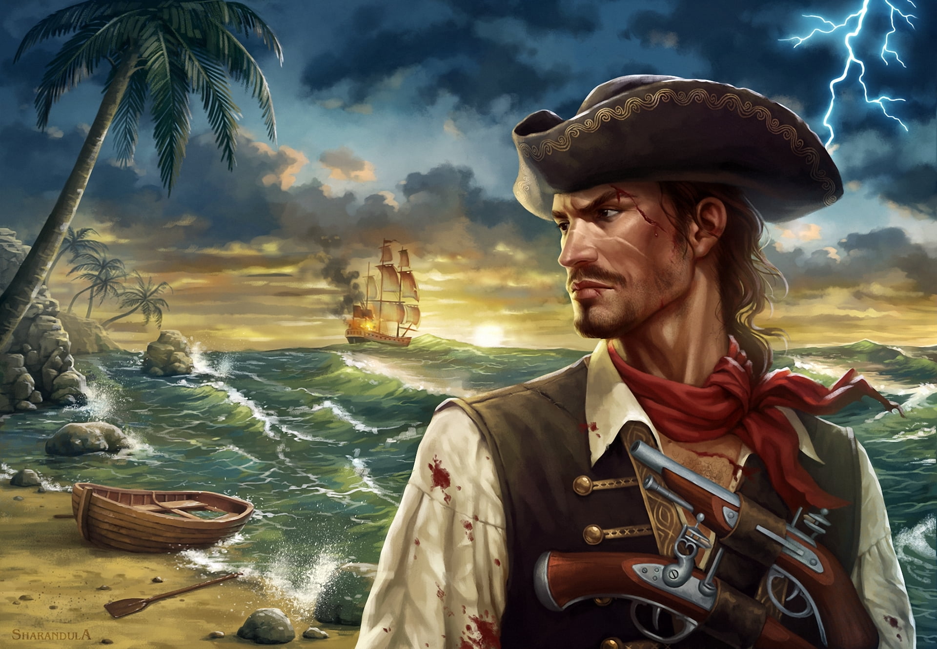 blood, caribbean, profile, real people, ship, cocked hat, revolvers, waist up, digital composite, water, pirates, portrait, vest, wave, shawl, art, sky, HD Wallpaper