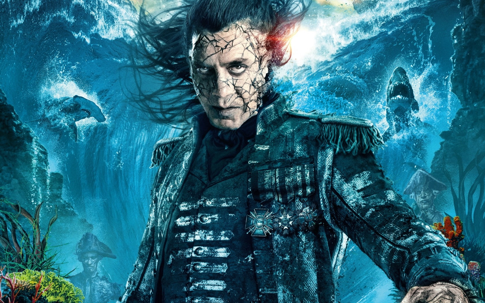 front view, 720P, swimming pool, sea, water, poster, one person, young men, blue, fantasy, men, young adult, movie, disney, pirates of the caribbean, dead men tell no tales, HD Wallpaper