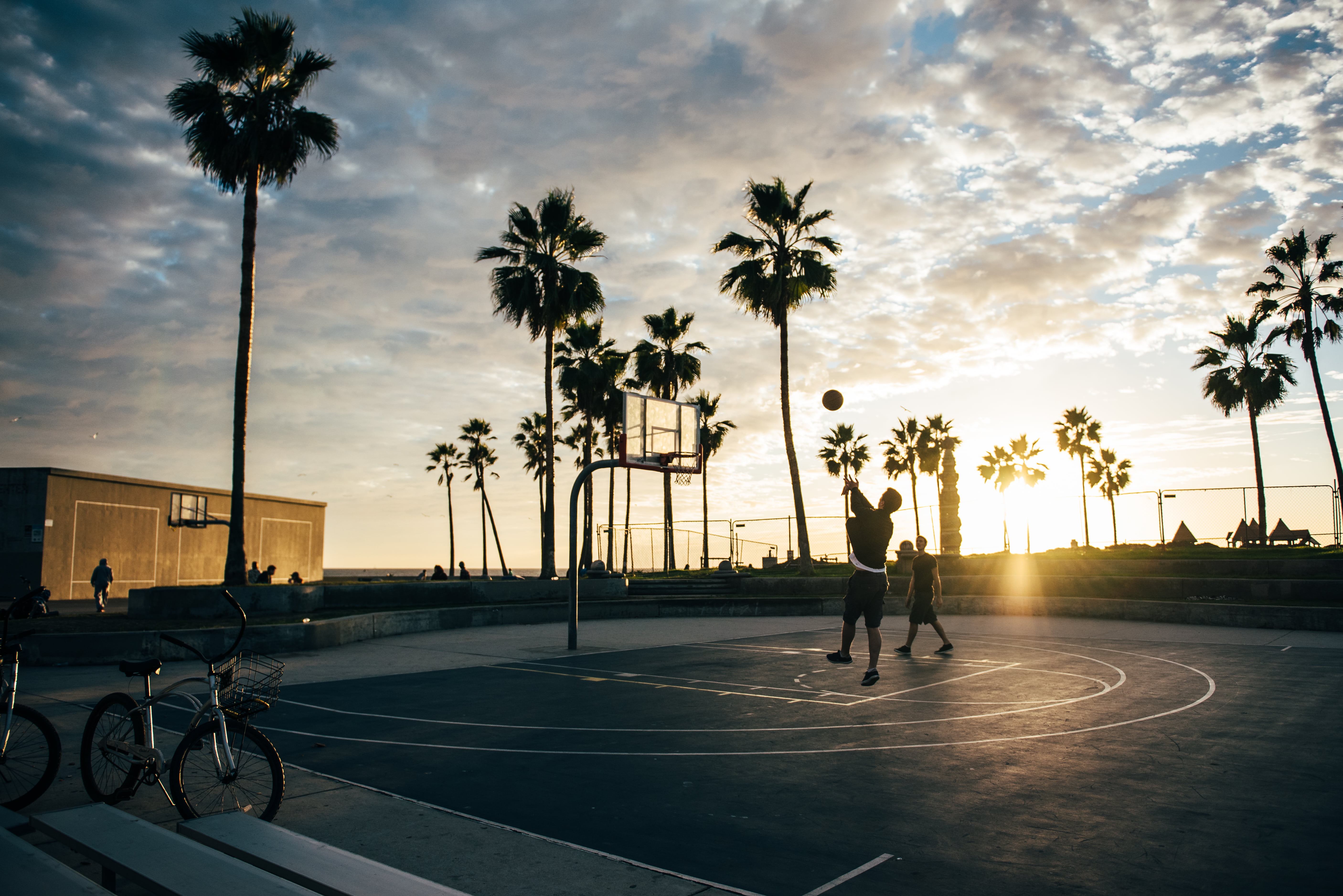 basketball - sport, sunset, recreation, palm trees, people, sport, sun, plant, travel, palm tree, nature, beach, hotel, healthy lifestyle, silhouette, sports, HD Wallpaper