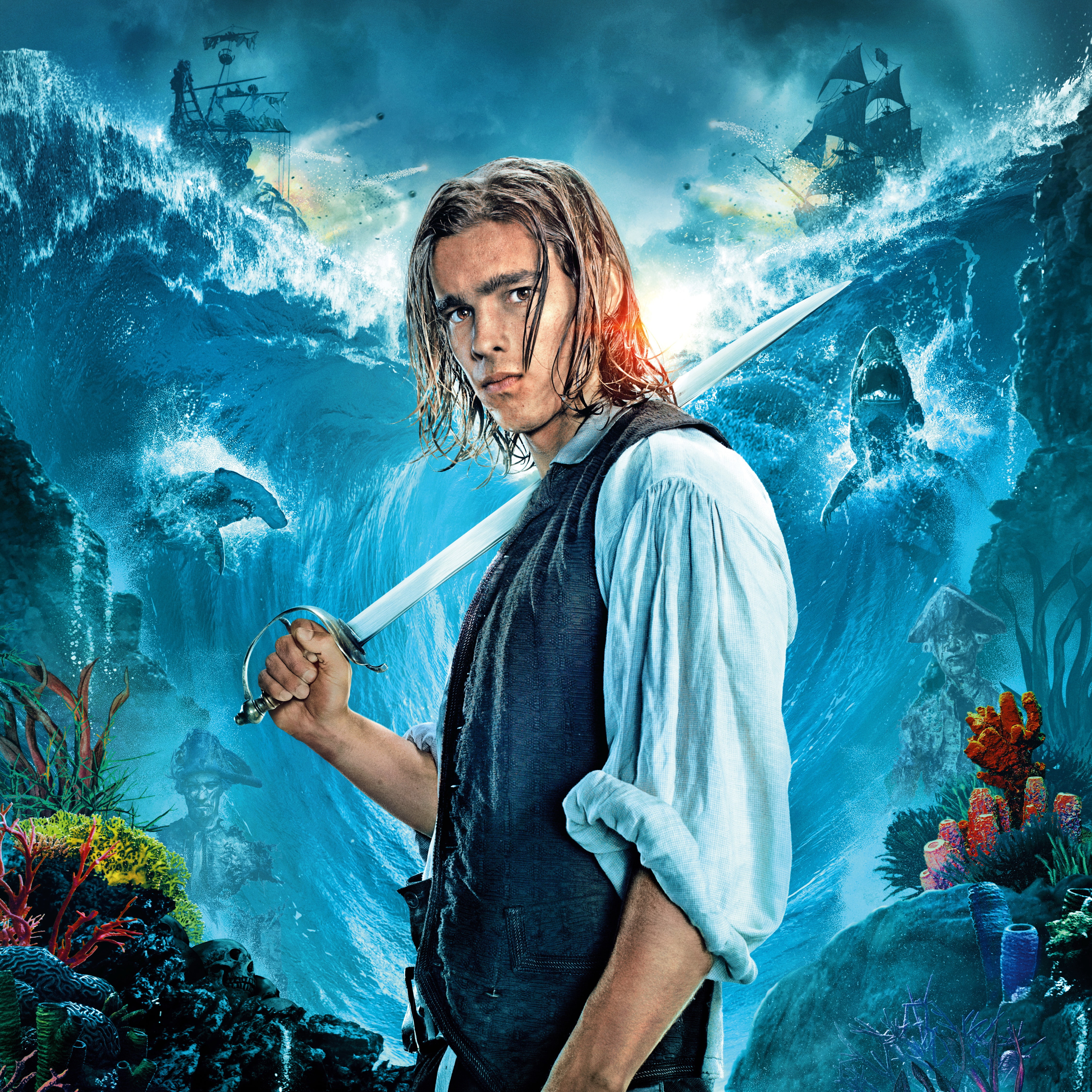 saber, poster, ships, Henry, Dead men tell no tales, Brenton Thwaites, sharks, Pirates of the Caribbean: Dead Men Tell No Tales, Pirates of the Caribbean, Phone HD Wallpaper