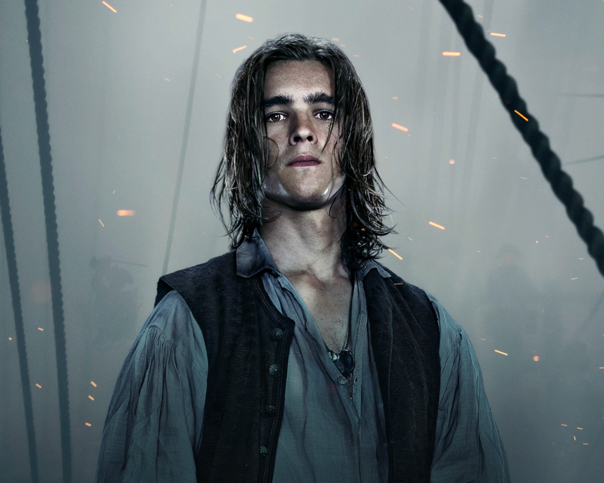 man, one person, focus on foreground, Brenton Thwaites, 1080P, Pirates of the Caribbean: Dead Men Tell No Tales (2017), casual clothing, scarf, movie, HD Wallpaper