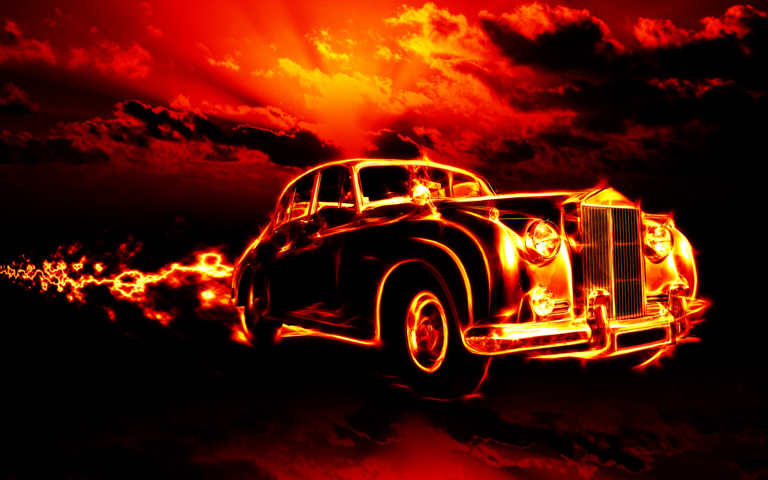 adventure, sky, Oldtimer, mode of transportation, heat - temperature, warning sign, nature, risk, travel, sign, fire, illuminated, burning, digital art, HD Wallpaper