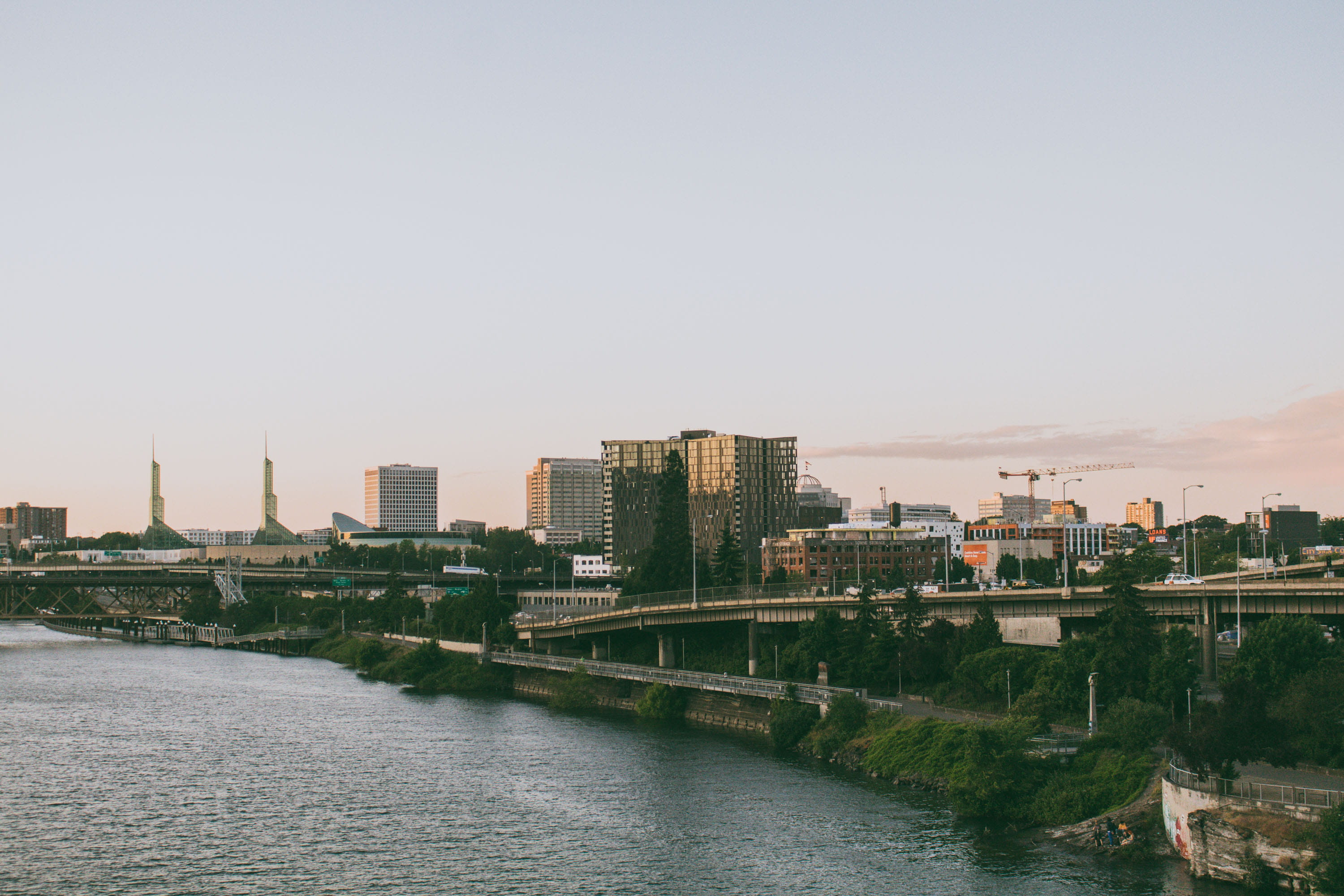 cityscape, skyline, crane, skyscraper, water, roads, blazers, buildings, no people, architecture, waterfront, built structure, trucks, connection, sundown, HD Wallpaper