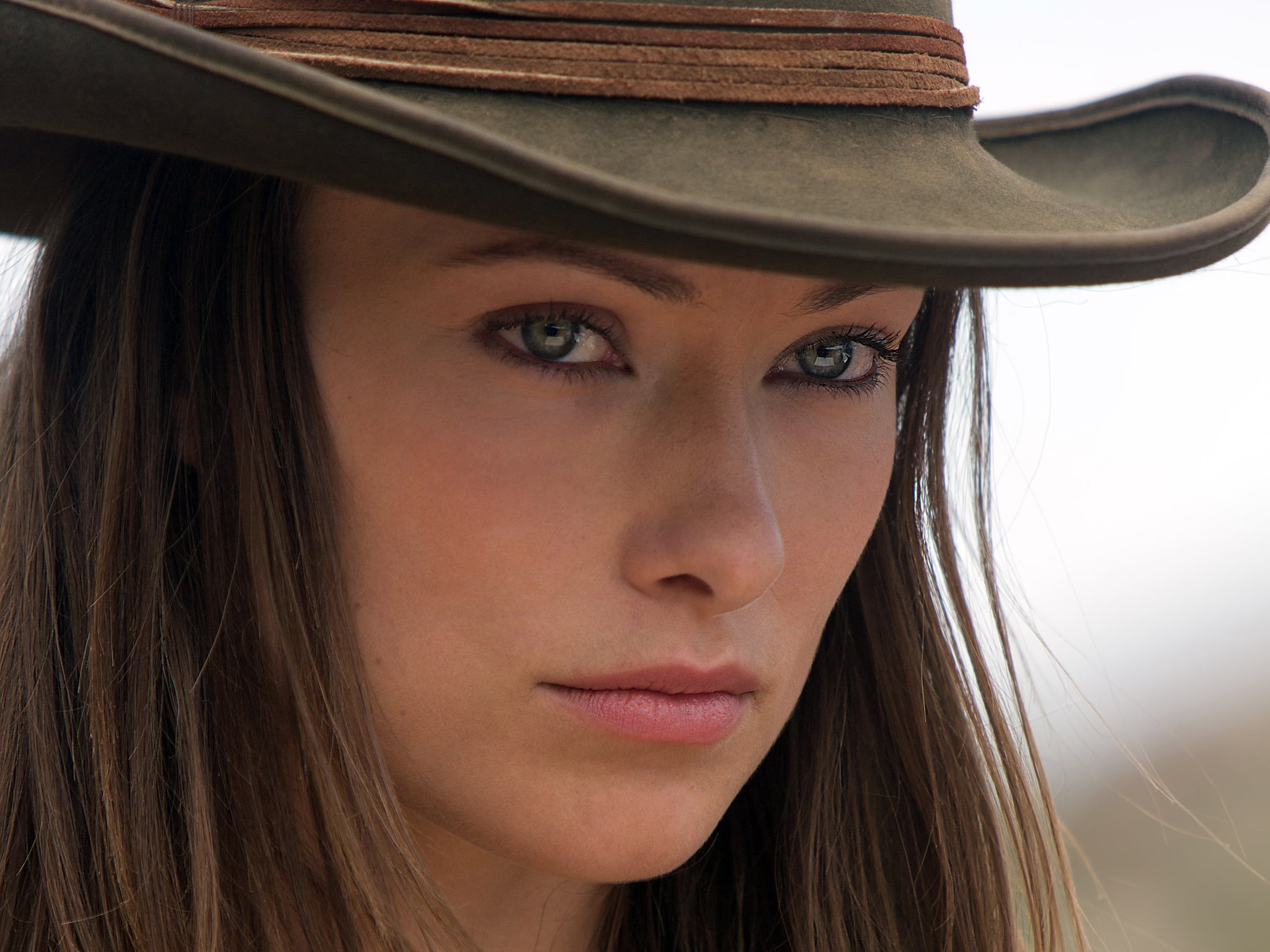 looking at camera, human body part, hair, long hair, cowboy, hairstyle, headshot, Olivia Wilde, portrait, 1080P, young women, body part, young adult, brown, HD Wallpaper