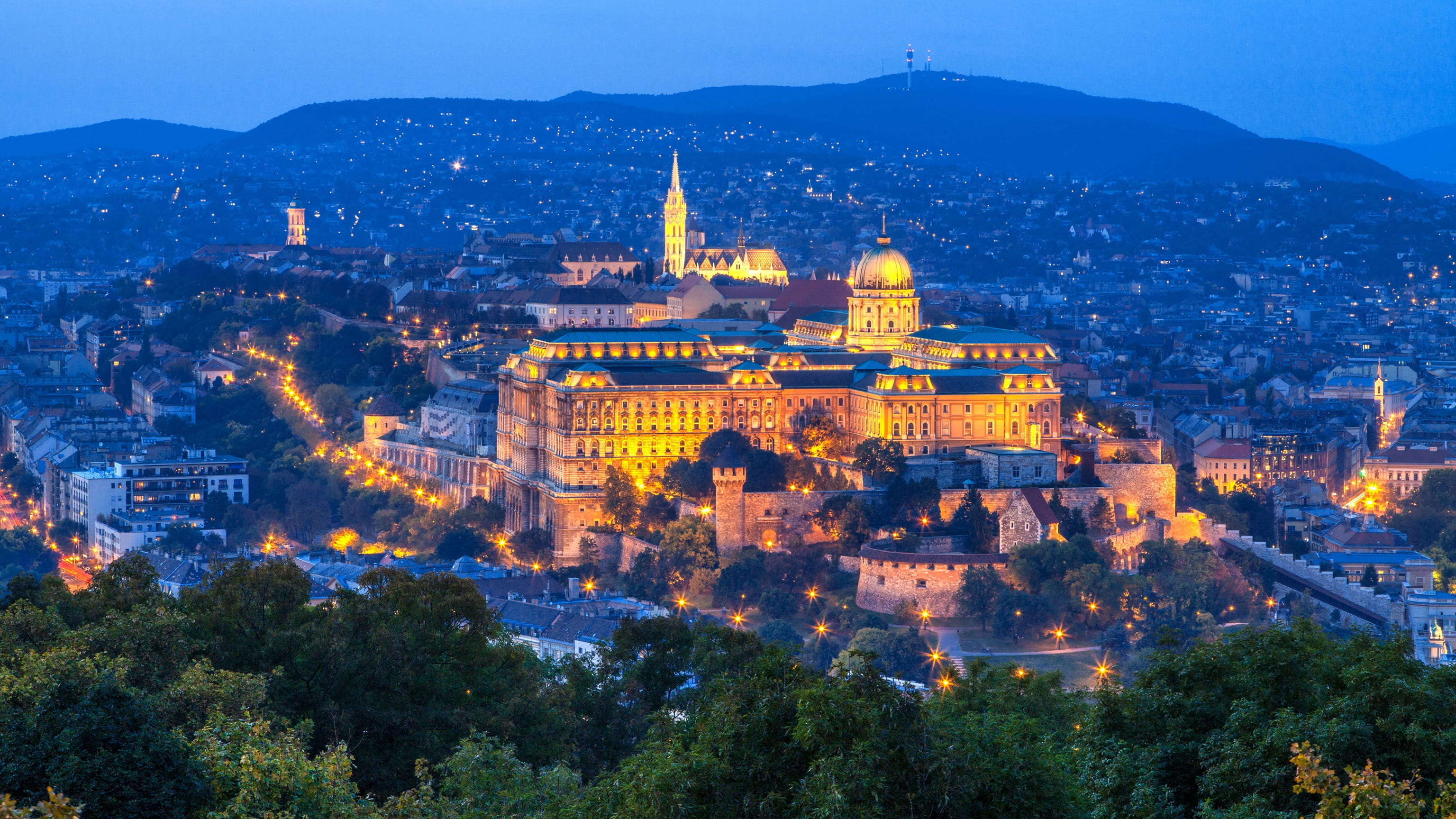 belief, building, 2K, religion, nature, outdoors, sky, building exterior, built structure, buda royal palace, dusk, budavári palota, ancient, illuminated, HD Wallpaper
