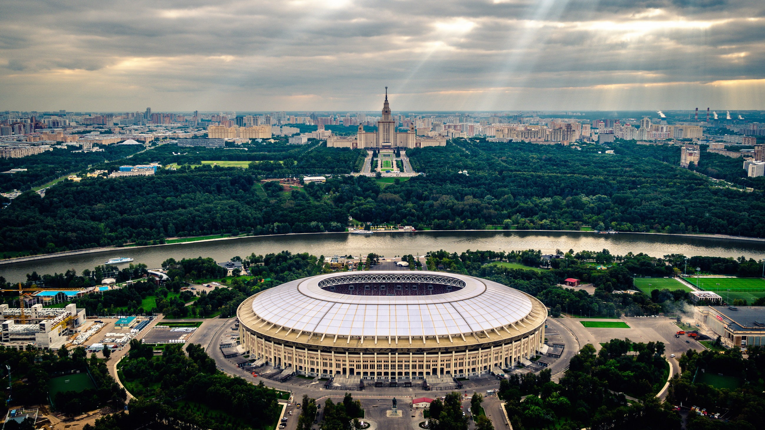 Stadium, Luzhniki Stadium, The Main Stadium, building, brown, Russia, The world Cup 2018, Moscow, white, 2018, drone boys, 2K, city, #SEMIACADEMIC, Luzhniki, HD Wallpaper