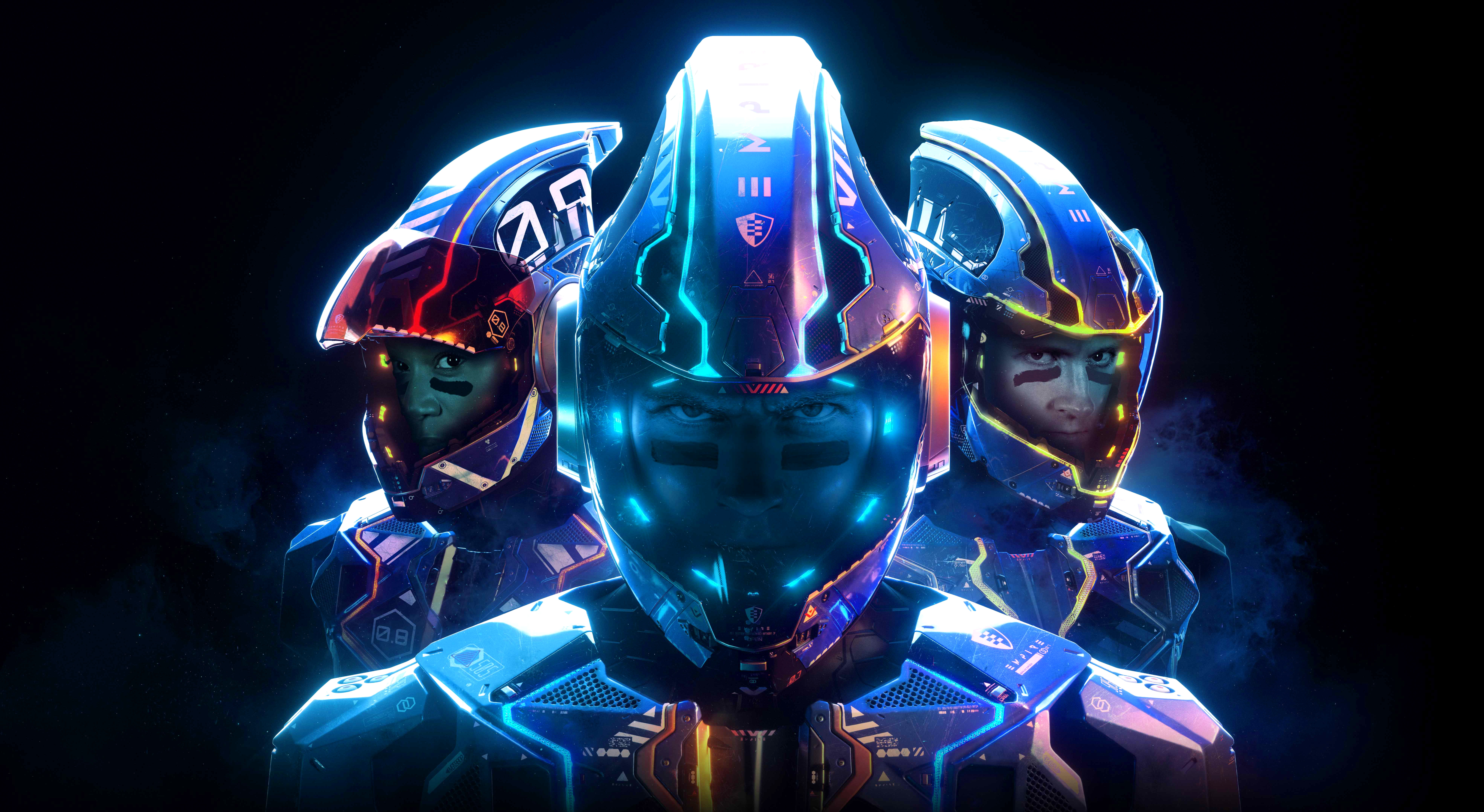 three, helmets, people, 4K, 8K, digital, 8K, E3 2017, Laser League, HD Wallpaper