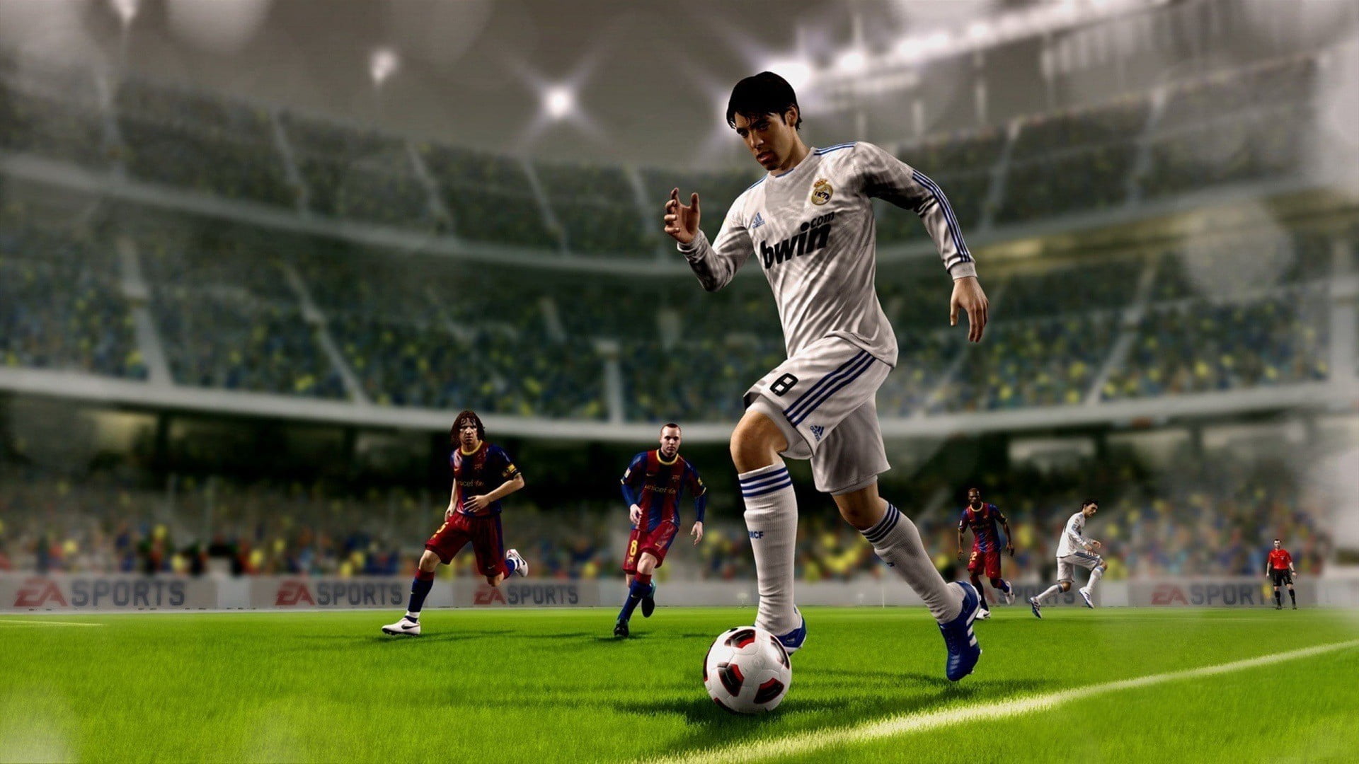 stadium, activity, playing, team sport, competitive sport, 1080P, motion, kaka, soccer field, kicking, outdoors, ball, sport, jumping, soccer player, FIFA 16, HD Wallpaper