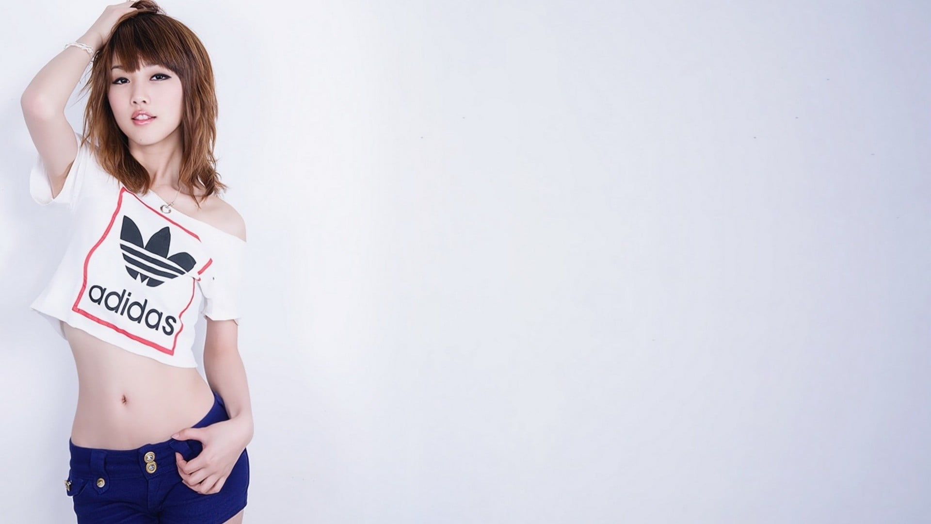 women, indoors, belly, studio shot, one person, brown hair, Asian, arms up, lifestyles, logo, adult, 1080P, Adidas, copy space, hairstyle, beautiful woman, HD Wallpaper