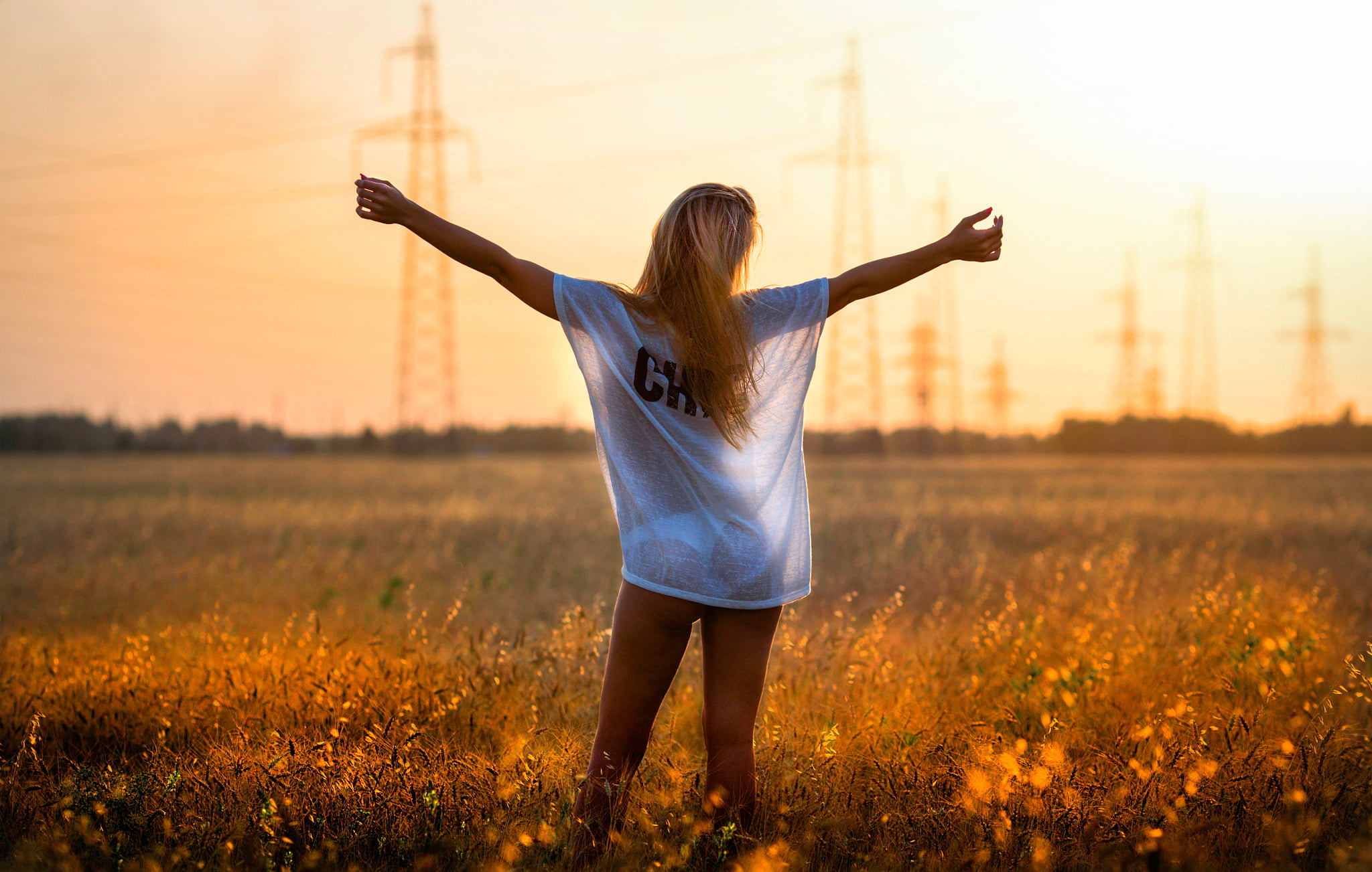 human arm, beauty in nature, I love electricity, human limb, outdoors, leisure activity, long hair, freedom, adult, sunset, hairstyle, field, young adult, HD Wallpaper