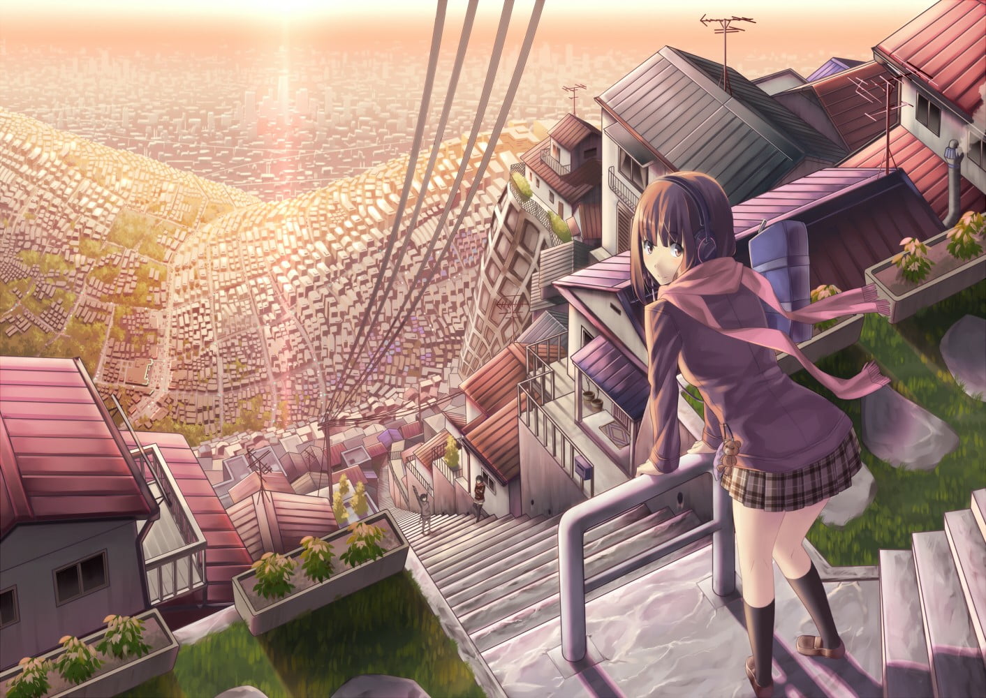 plant, nature, scarf, stairs, architecture, casual clothing, girls, short hair, building, smiling, real people, 720P, sunset, detailed, brunette, brown eyes, HD Wallpaper