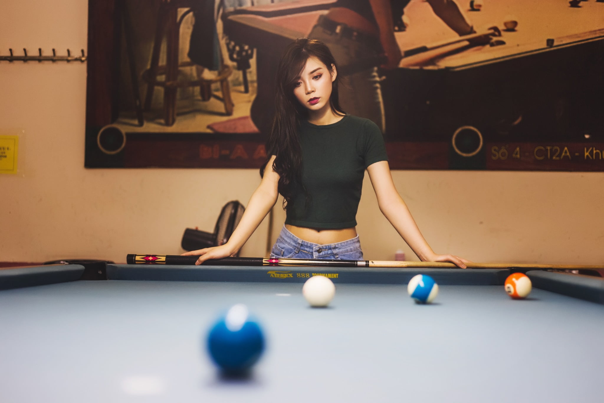 billiard balls, billiards, women, Pool balls, belly, bokeh, T-shirt, portrait, jean shorts, pool table, indoors, long hair, women indoors, red lipstick, HD Wallpaper