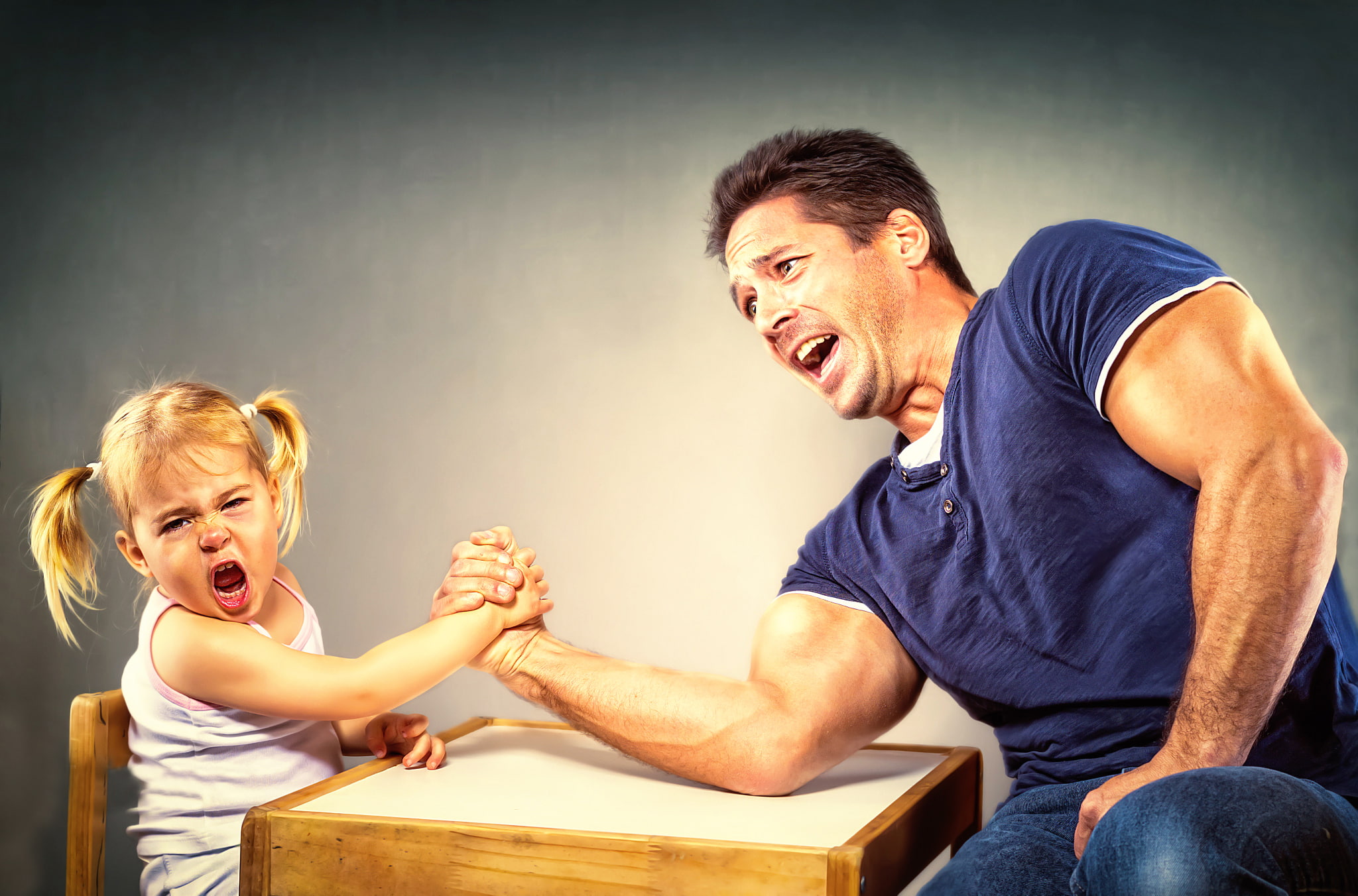girl, dad, Arm Wrestling, 1080P, HD Wallpaper
