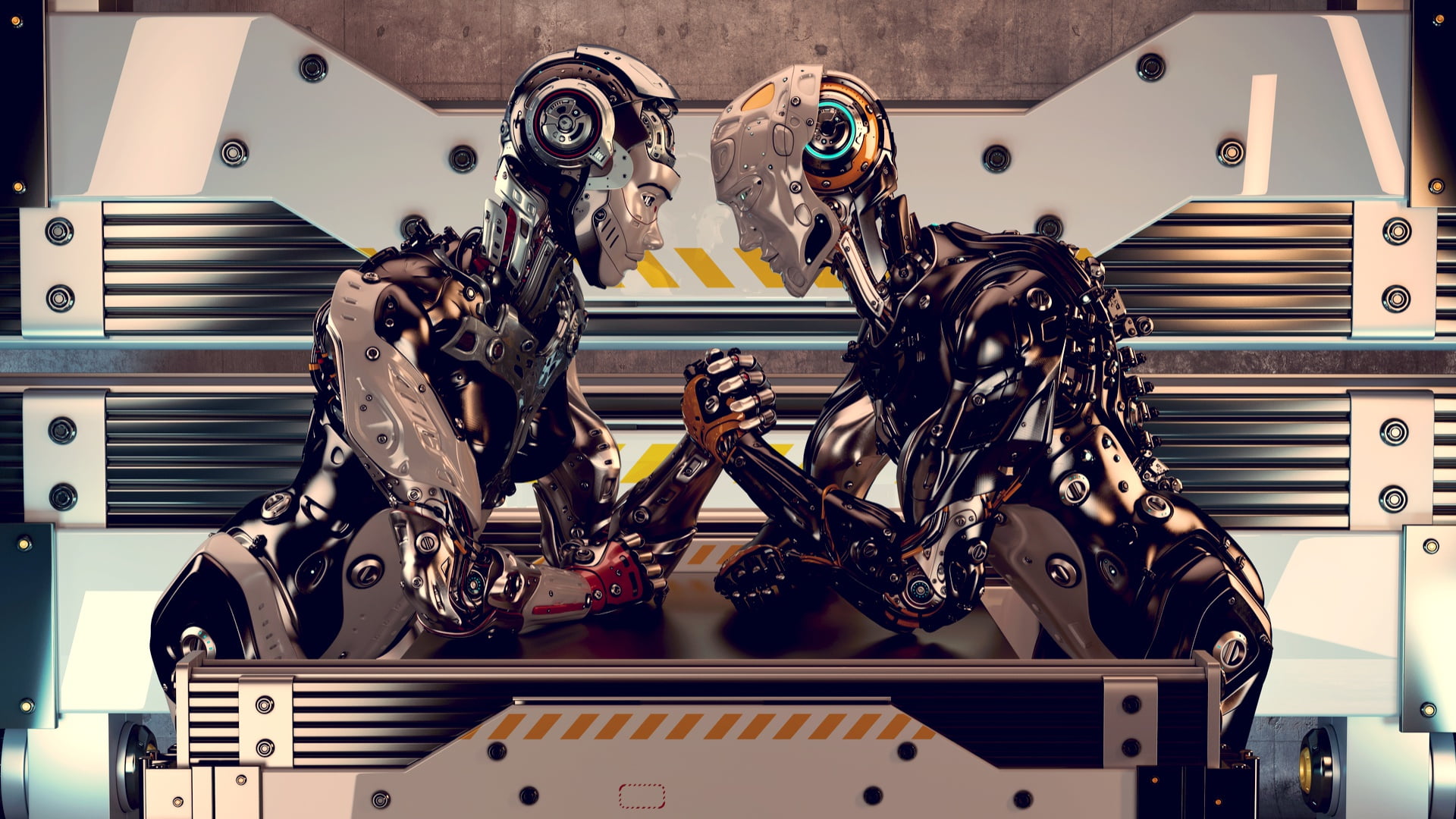 1080P, robot, render, digital art, arm wrestling, CGI, HD Wallpaper