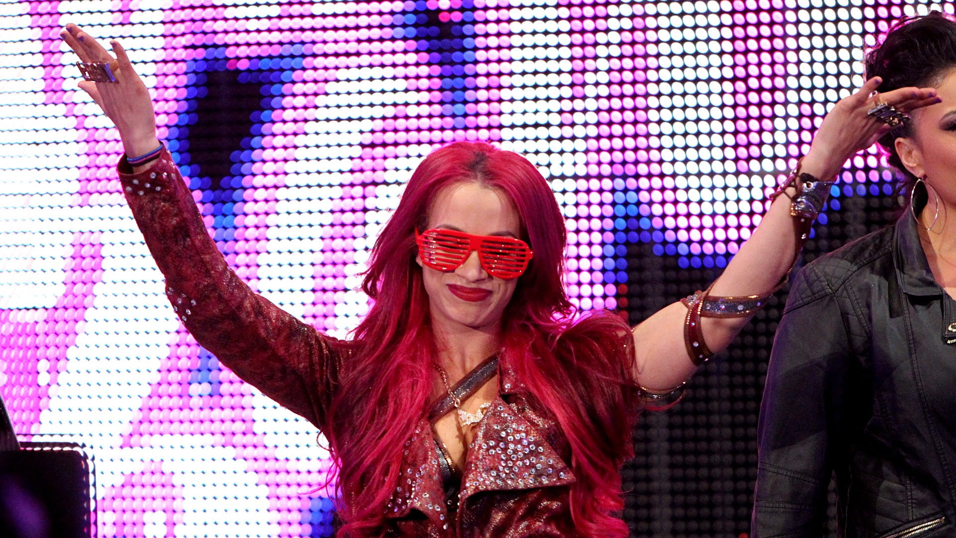 portrait, people, purple hair, adult, wrestling, indoors, nightlife, young women, event, Sasha Banks, arms up, women, real people, glasses, front view, HD Wallpaper