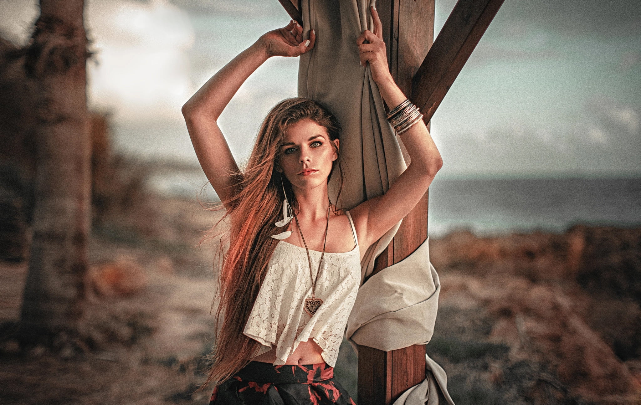 nature, 1080P, hairstyle, women, standing, young adult, beautiful woman, Stephanos Georgiou, hair, portrait, arms raised, land, focus on foreground, young women, HD Wallpaper