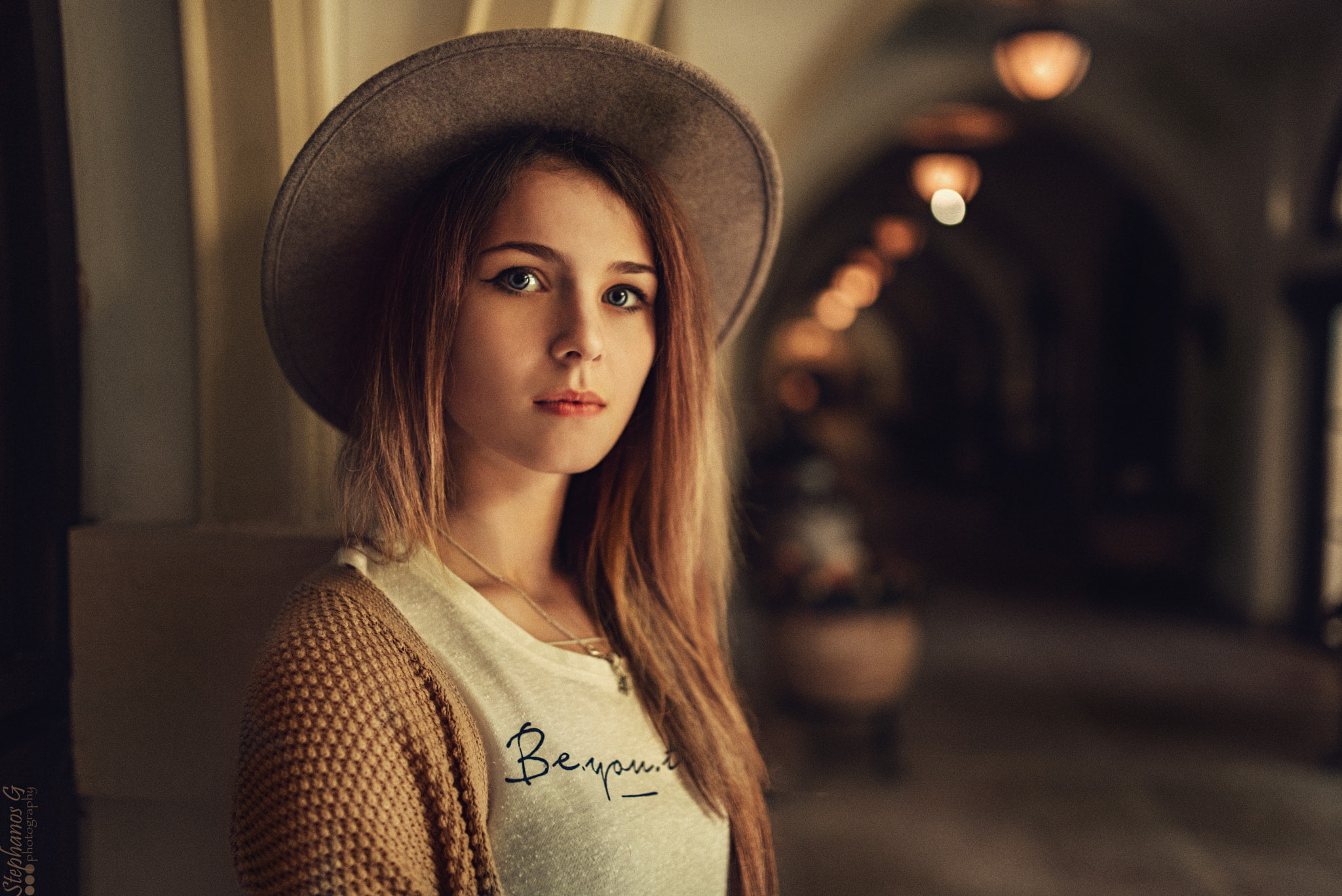 grey shirt, blue eyes, Stephanos Georgiou, brunette, 1080P, women, cardigan, looking at viewer, hat, HD Wallpaper