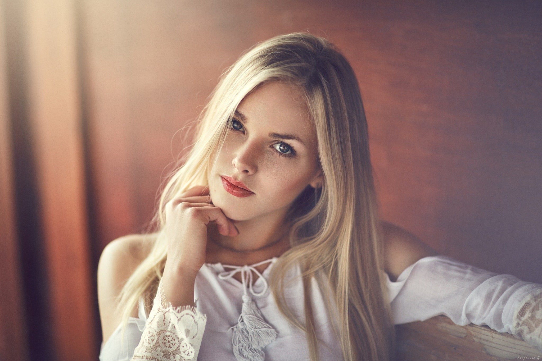 blonde, 1080P, portrait, blue eyes, face, depth of field, women, white tops, bare shoulders, freckles, Stephanos Georgiou, HD Wallpaper