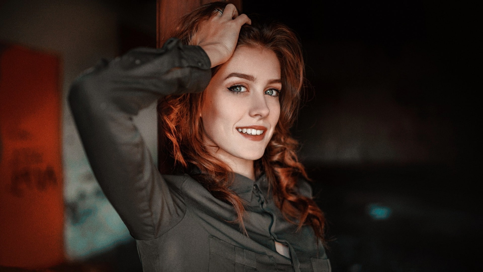 leather, young women, happiness, hairstyle, emotion, young adult, long hair, adult, portrait, beauty, women redhead looking at viewer stephanos georgiou, HD Wallpaper