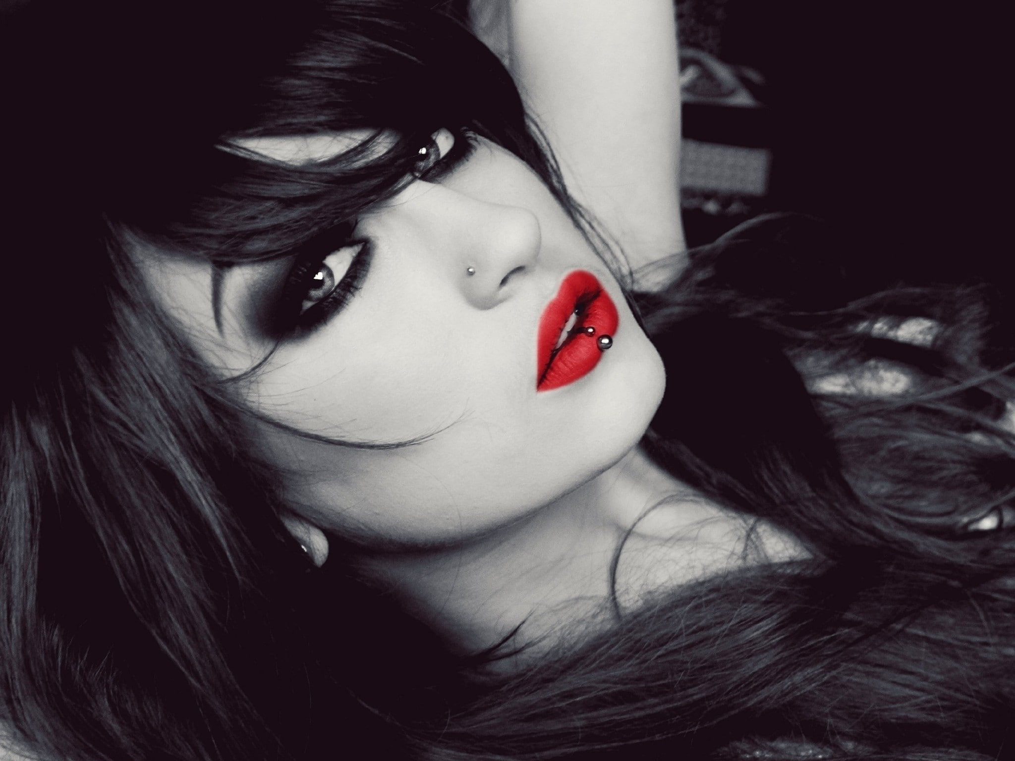 Niky Von Macabre, face, portrait, selective coloring, red lipstick, BloodViktoria, model, pierced lip, lolina green, women, 1080P, HD Wallpaper