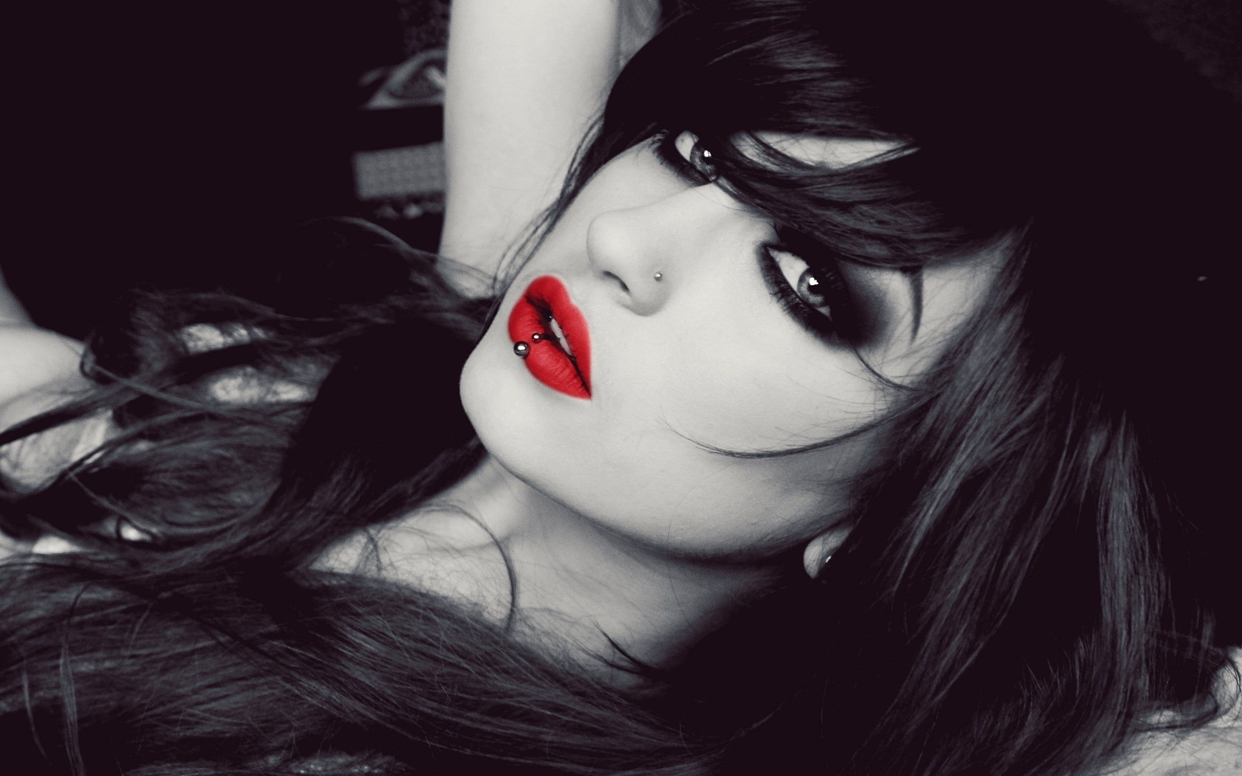 human hair, red, young adult, human lips, front view, women, young women, lipstick, human face, hair, niky von macabre women piercing nose rings red lipstick dark eyes selective coloring face, HD Wallpaper