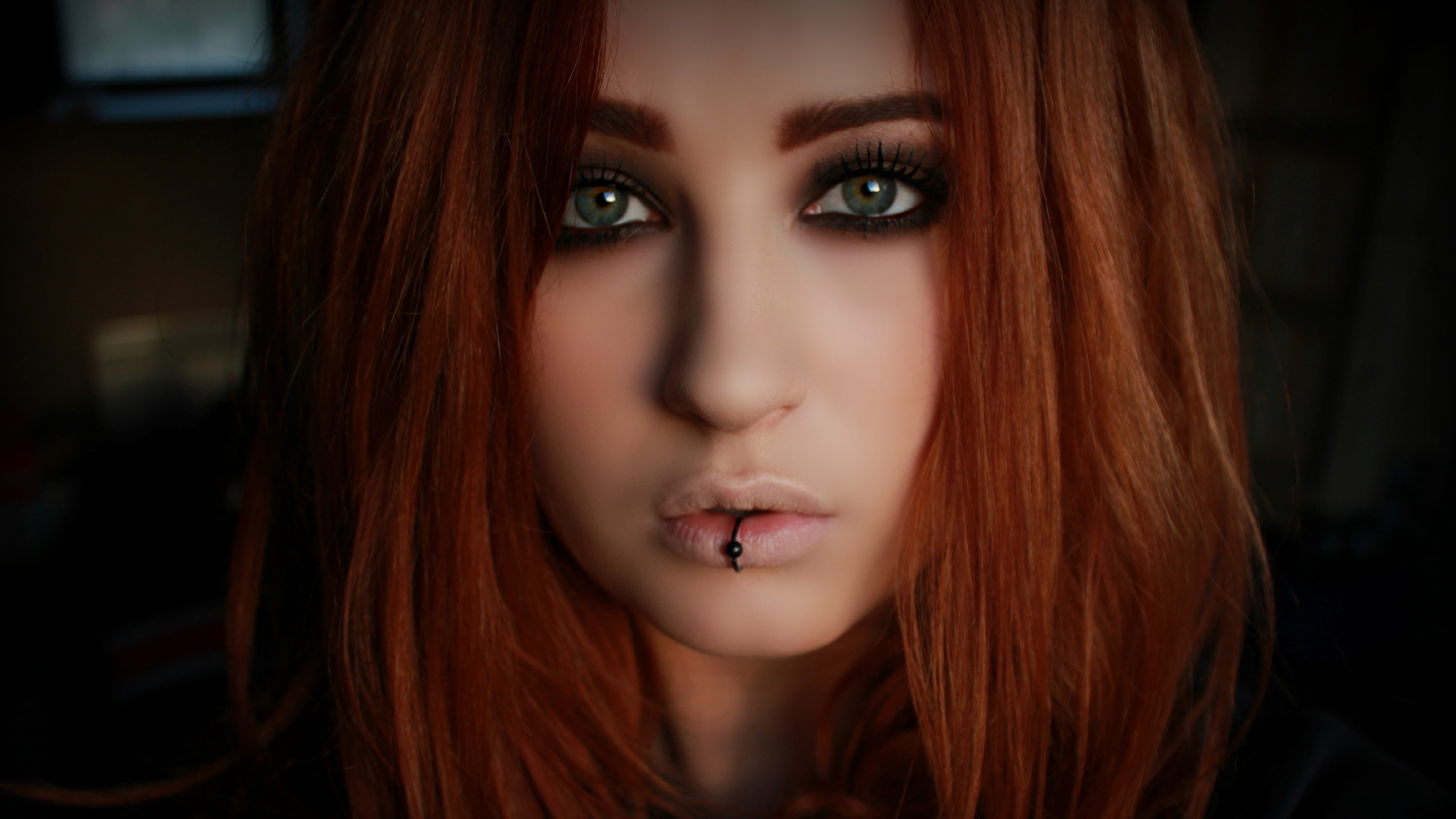 front view, 4K, Lip Ring, looking at camera, one person, hair, body part, women, beautiful woman, human hair, indoors, Piercing, long hair, adult, Niky Von Macabre, HD Wallpaper
