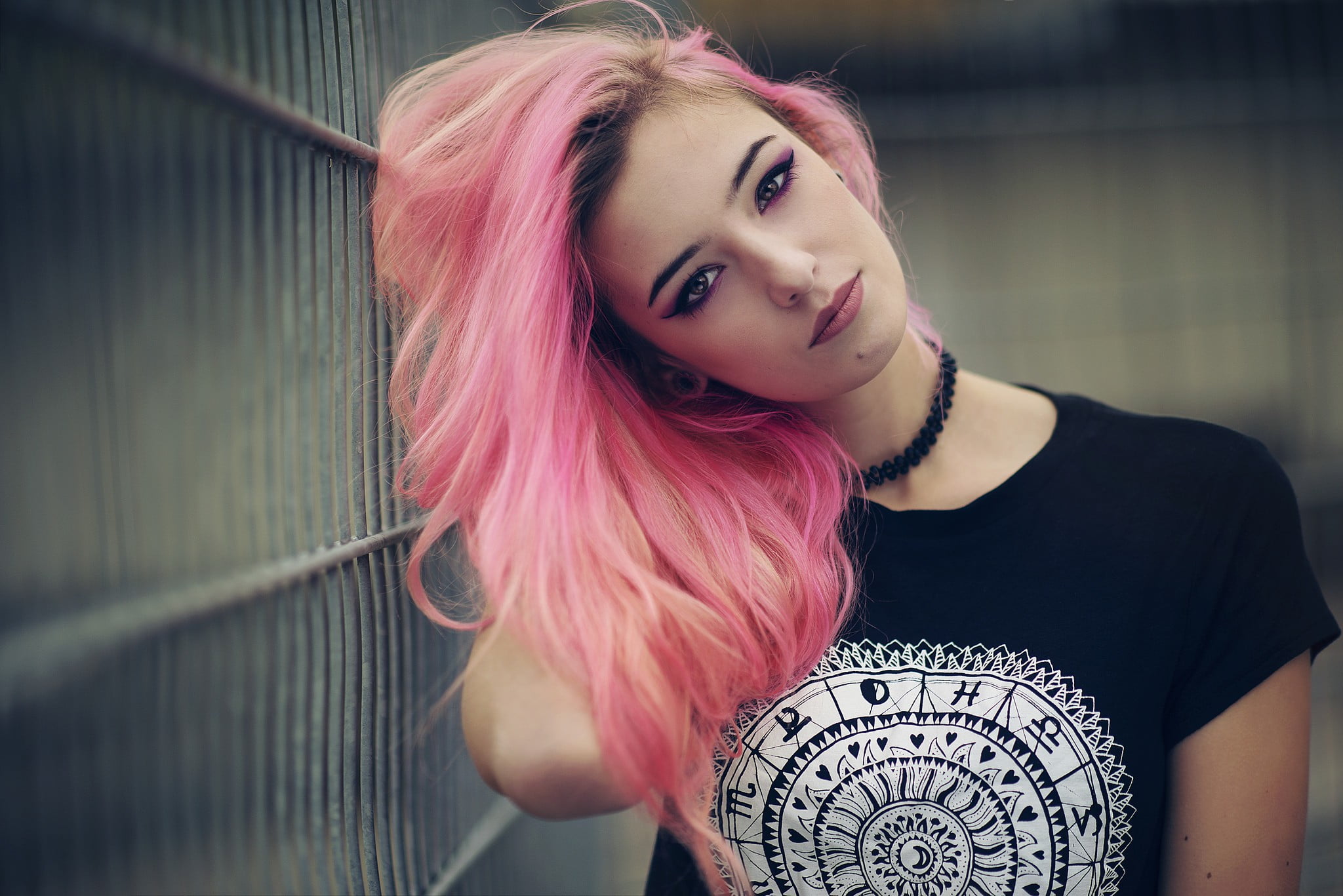 T-shirt, women, choker, looking at camera, looking at viewer, front view, hairstyle, pink hair, fashion, beauty, dyed hair, lifestyles, adult, 1080P, Anastasia Vervueren, HD Wallpaper