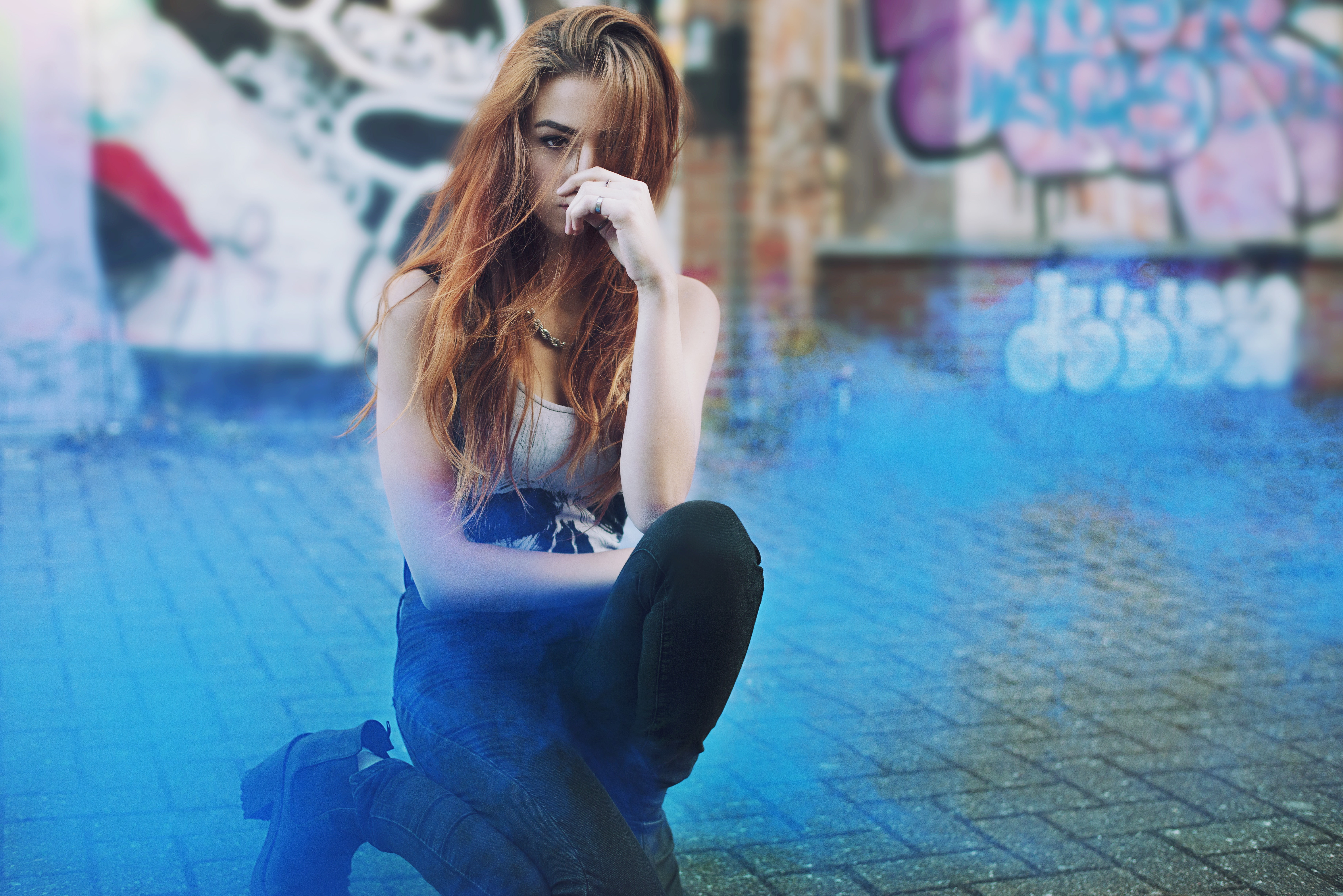 5K, kneeling, redhead, Anastasia Vervueren, jeans, brown eyes, white tops, women, colored smoke, high heels, street, HD Wallpaper