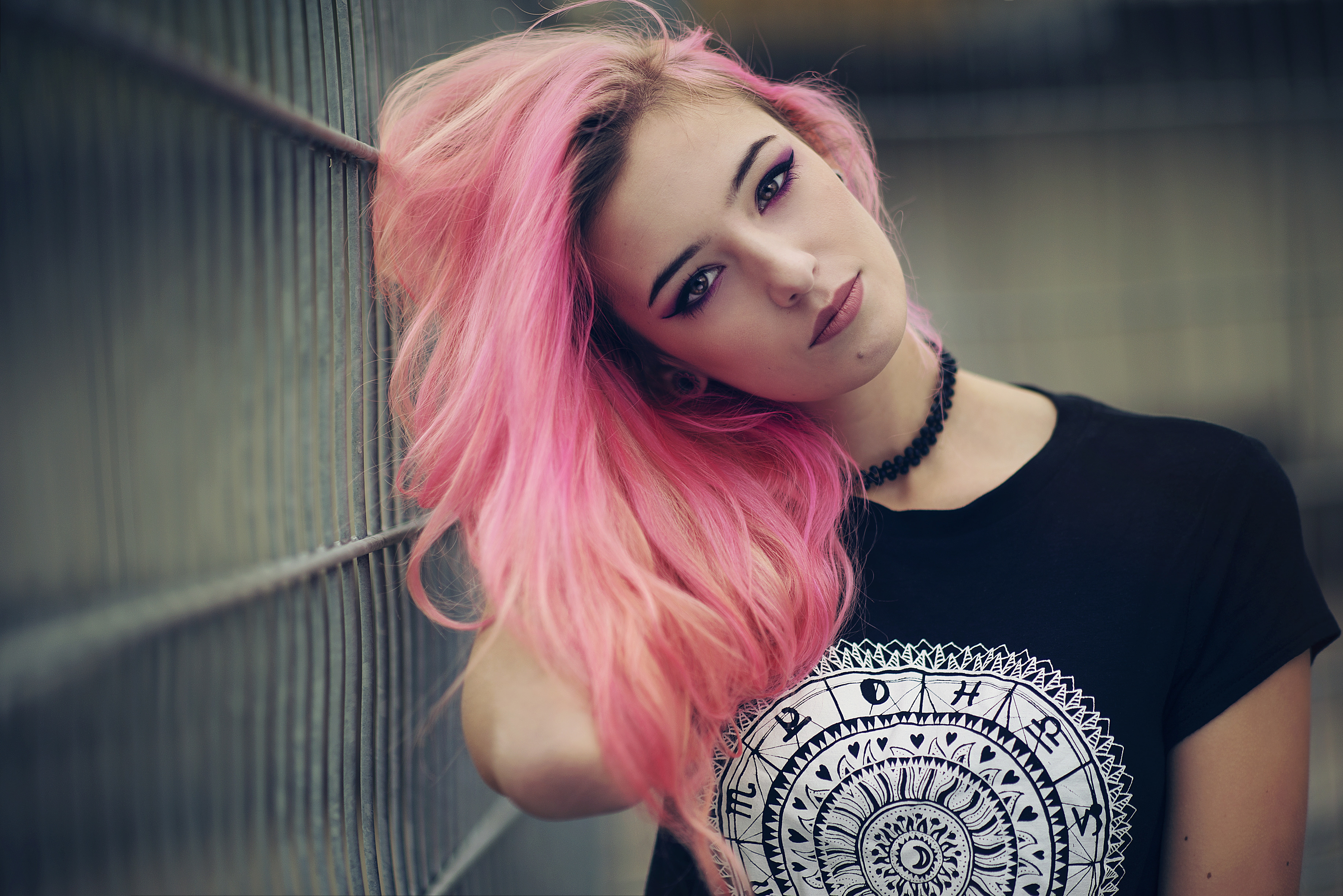 women, choker, pink hair, 5K, hands in hair, brown eyes, Anastasia Vervueren, HD Wallpaper