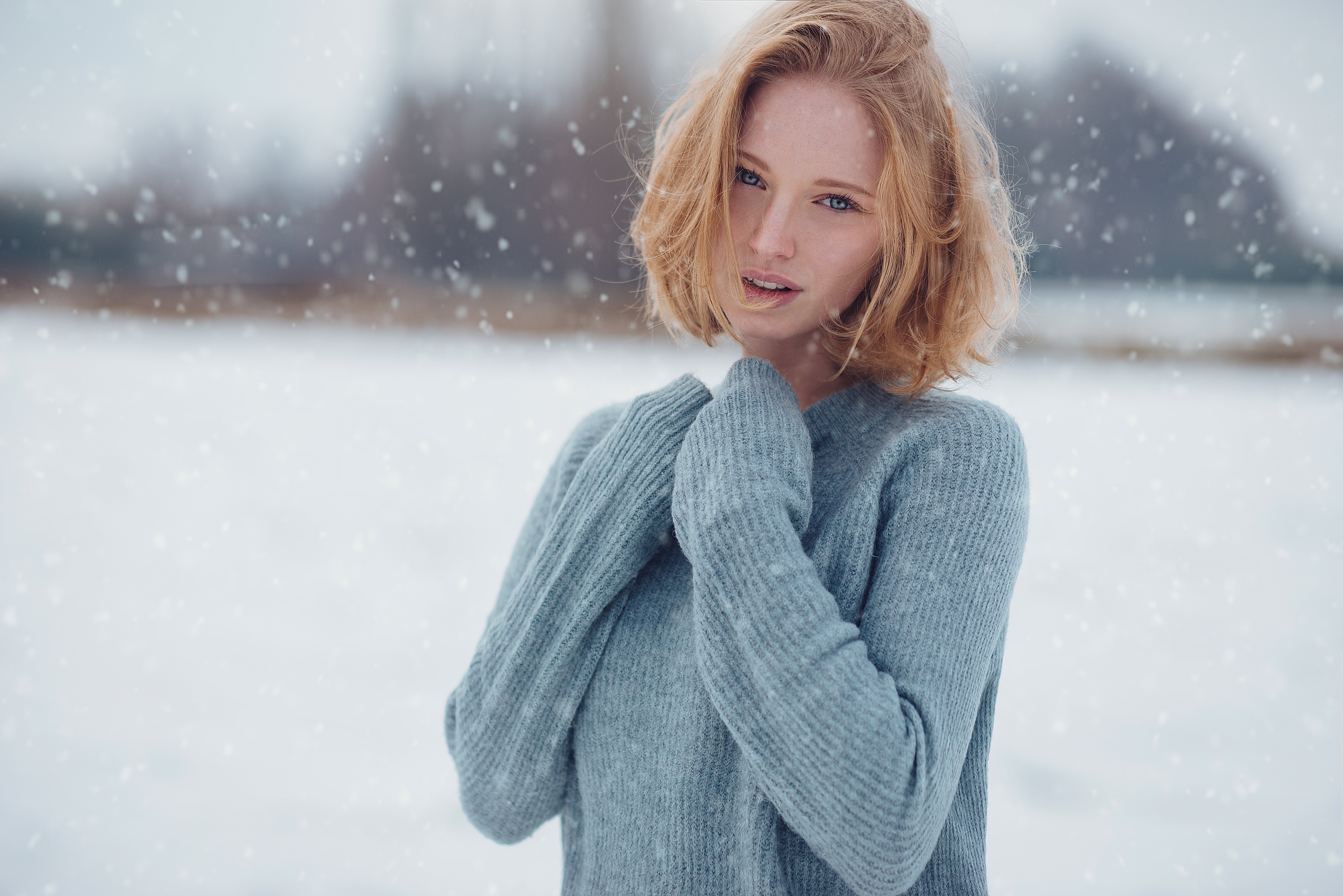 parted lips, snow, winter, looking at viewer, women, sweater, blue eyes, model, redhead, Anastasia Vervueren, 5K, HD Wallpaper