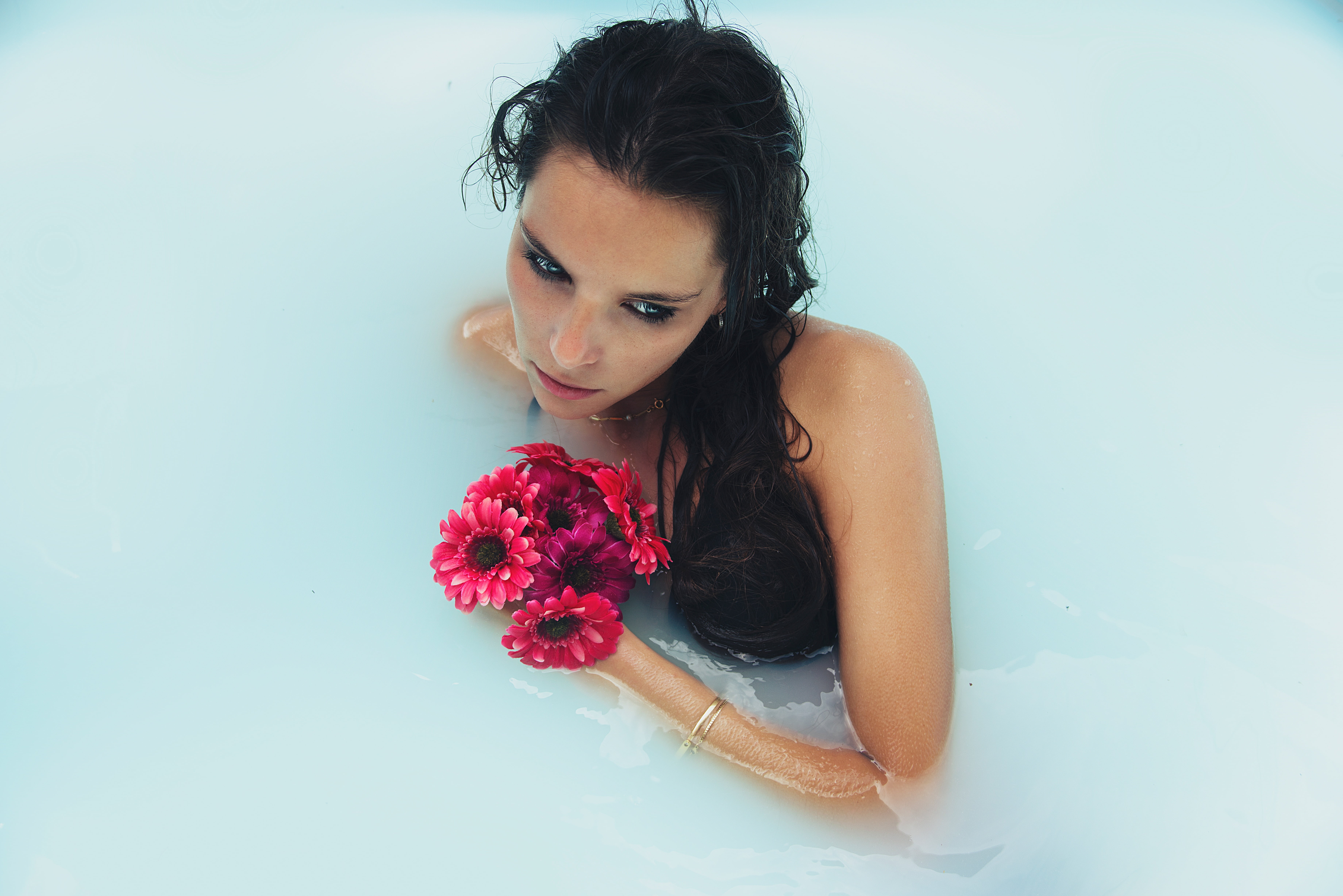 brunette, wet, makeup, flowers, water, bare shoulders, Anastasia Vervueren, women, model, 5K, blue eyes, HD Wallpaper