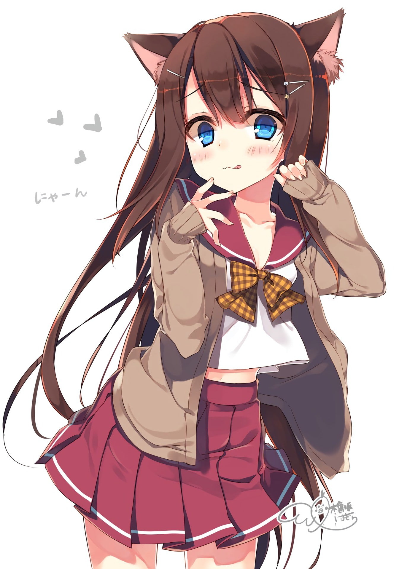 anime, blue eyes, 1080P, cat ears, school uniform, red skirt, Phone HD Wallpaper