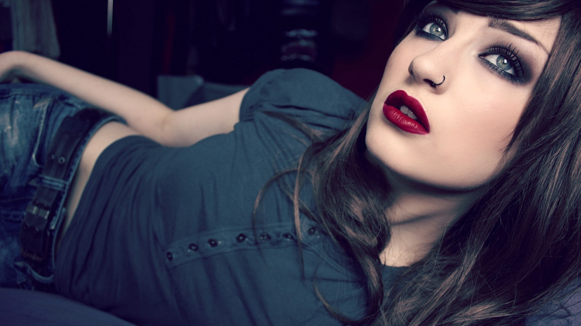 brunette, blue eyes, Niky Von Macabre, 1080P, Red Lipstick, HD Wallpaper