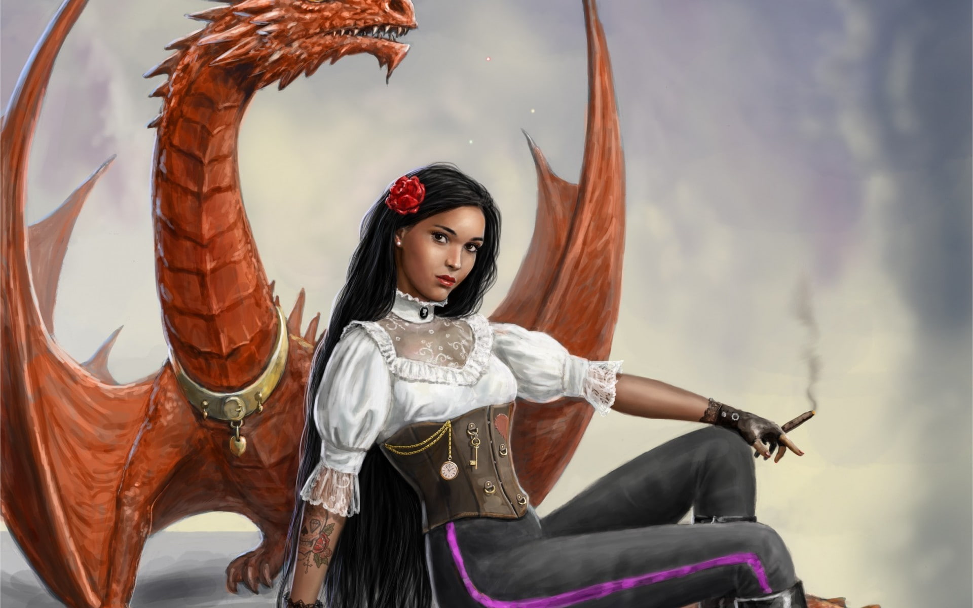 women, smoking, flower in hair, fantasy art, cigars, 1080P, fantasy girl, dragon, DeviantArt, looking at viewer, HD Wallpaper