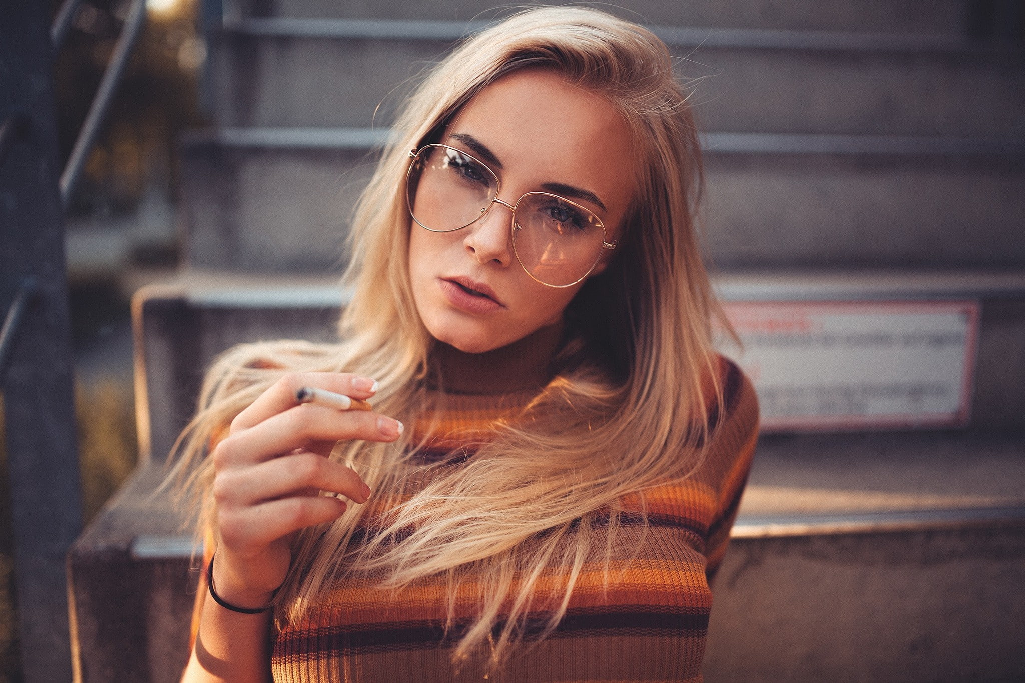 cigars, portrait, women, blonde, Sebastian Heberlein, women with glasses, glasses, 1080P, cigarettes, face, HD Wallpaper