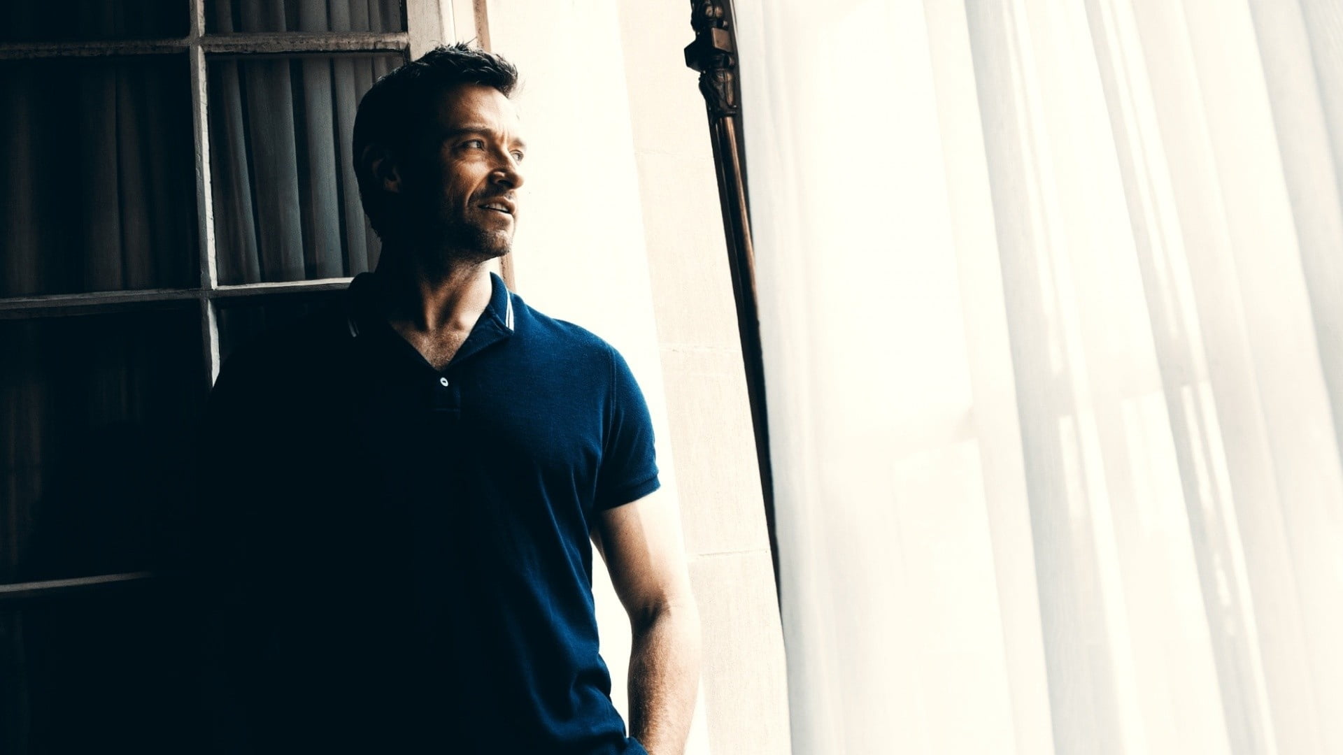 leisure activity, beard, contemplation, cheerful, modern, happiness, facial hair, polo, portrait, hugh jackman, lifestyles, confidence, s, t-Shirt, thinking, HD Wallpaper