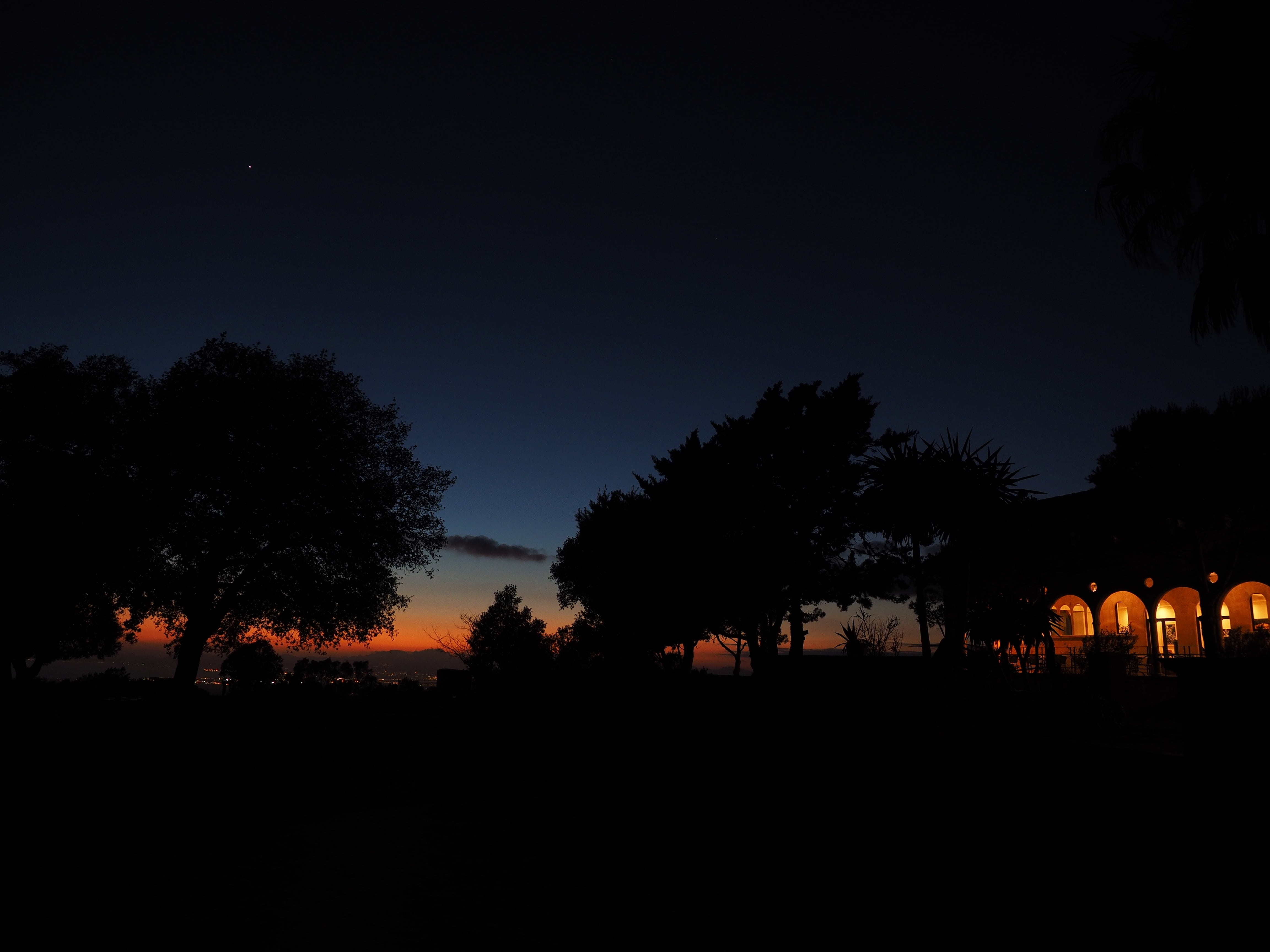 silhouette, tranquility, environment, architecture, mallorca, courtyard, arcades, at night, cura, scenics - nature, hof, night, puig de randa, orange color, HD Wallpaper