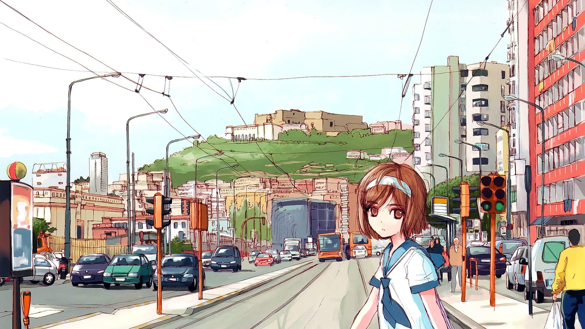 1080P, built structure, city, architecture, nature, cable, car, looking at viewer, street, brunette, power line, road, building exterior, anime, electricity, HD Wallpaper