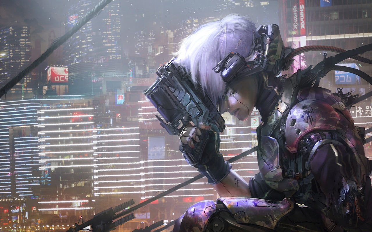 720P, digital art, cityscape, Gunz, cyberpunk, 2D, neon, science fiction, sadness, HD Wallpaper