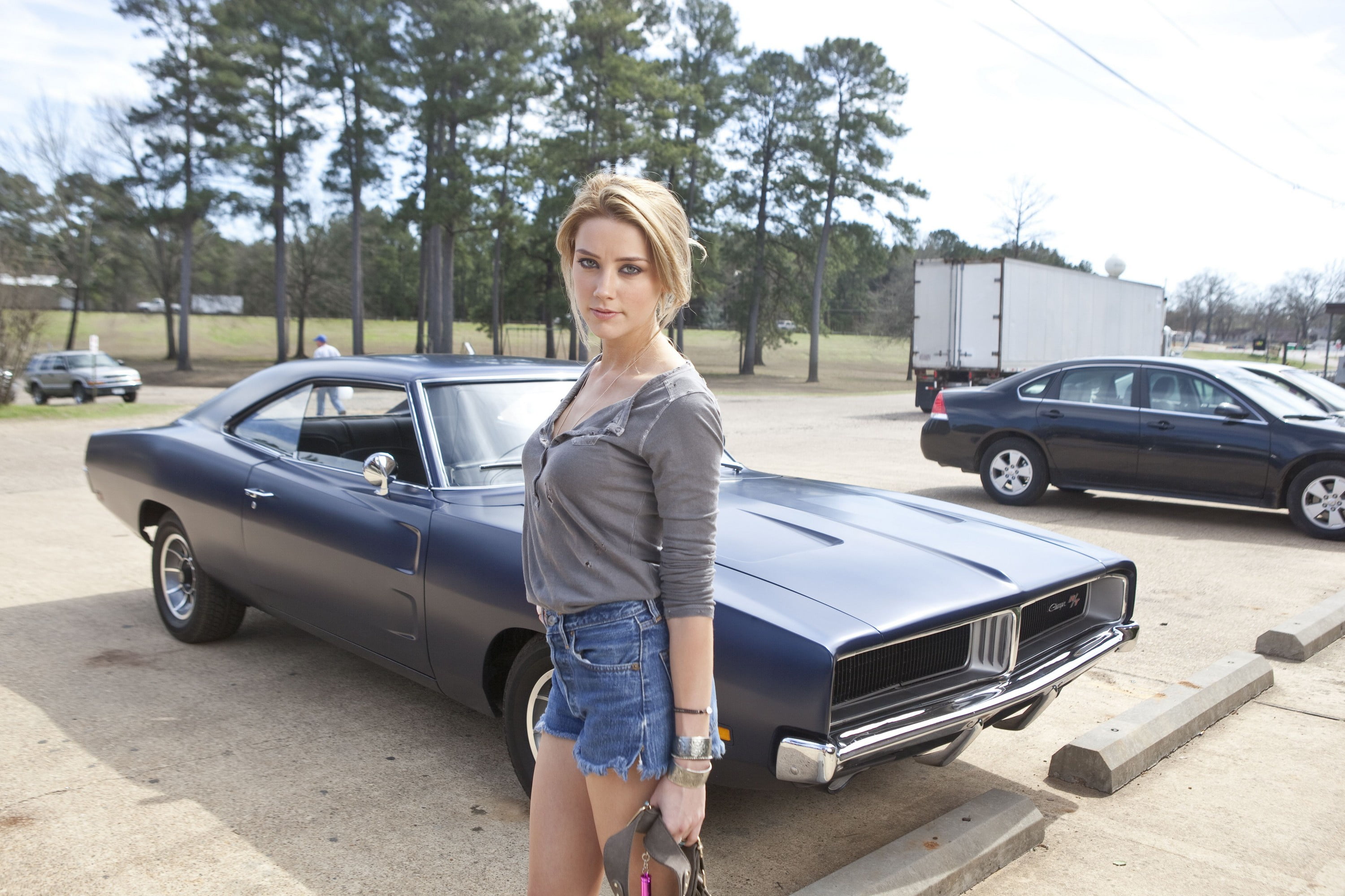 Piper, street, Dodge Charger, pose, look, Amber Heard, 2K, Drive Angry, HD Wallpaper