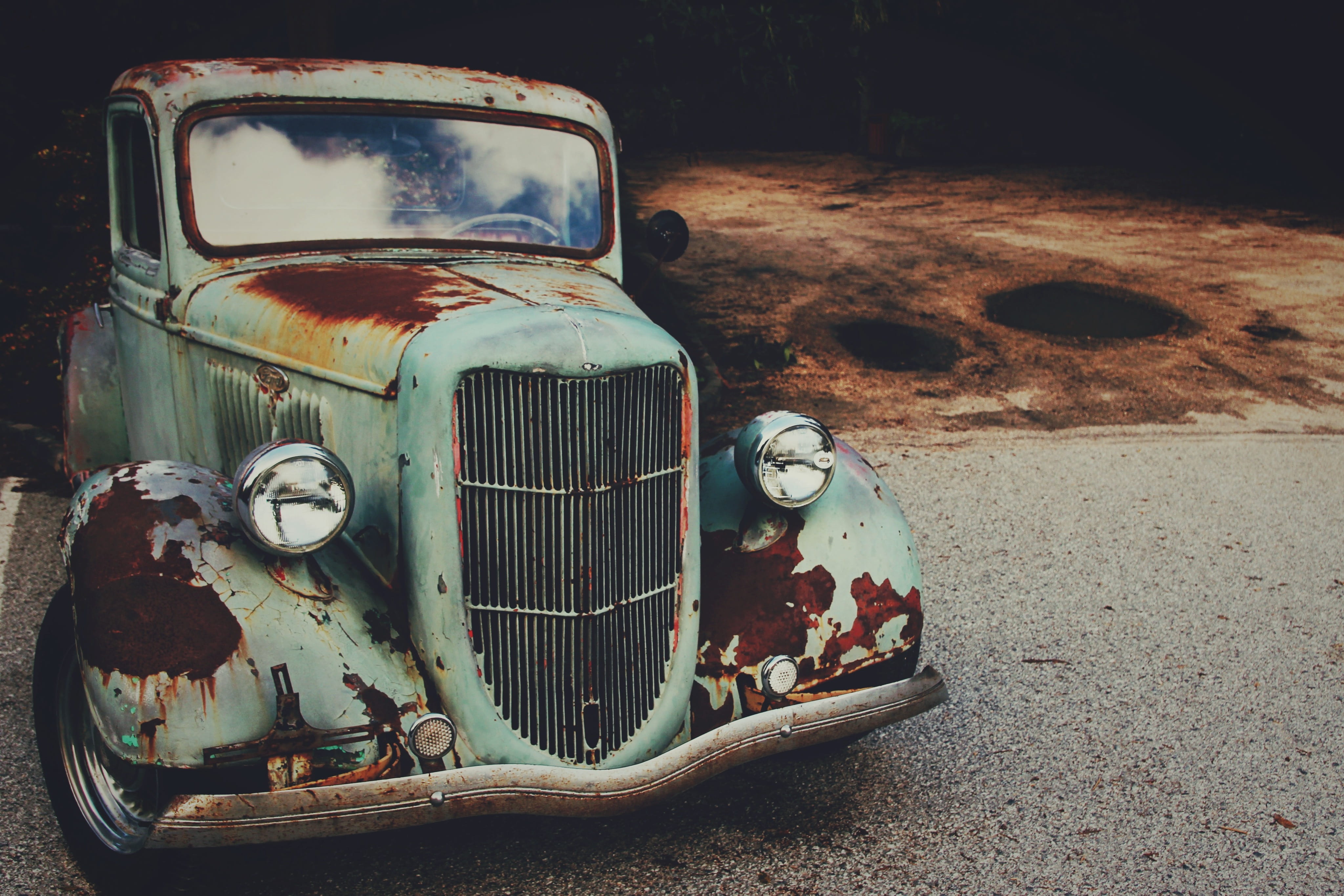 forest, decline, 4K, big sur, transportation, retro styled, land vehicle, obsolete, broken, deterioration, junkyard, headlight, motor vehicle, usa, mode of transportation, HD Wallpaper