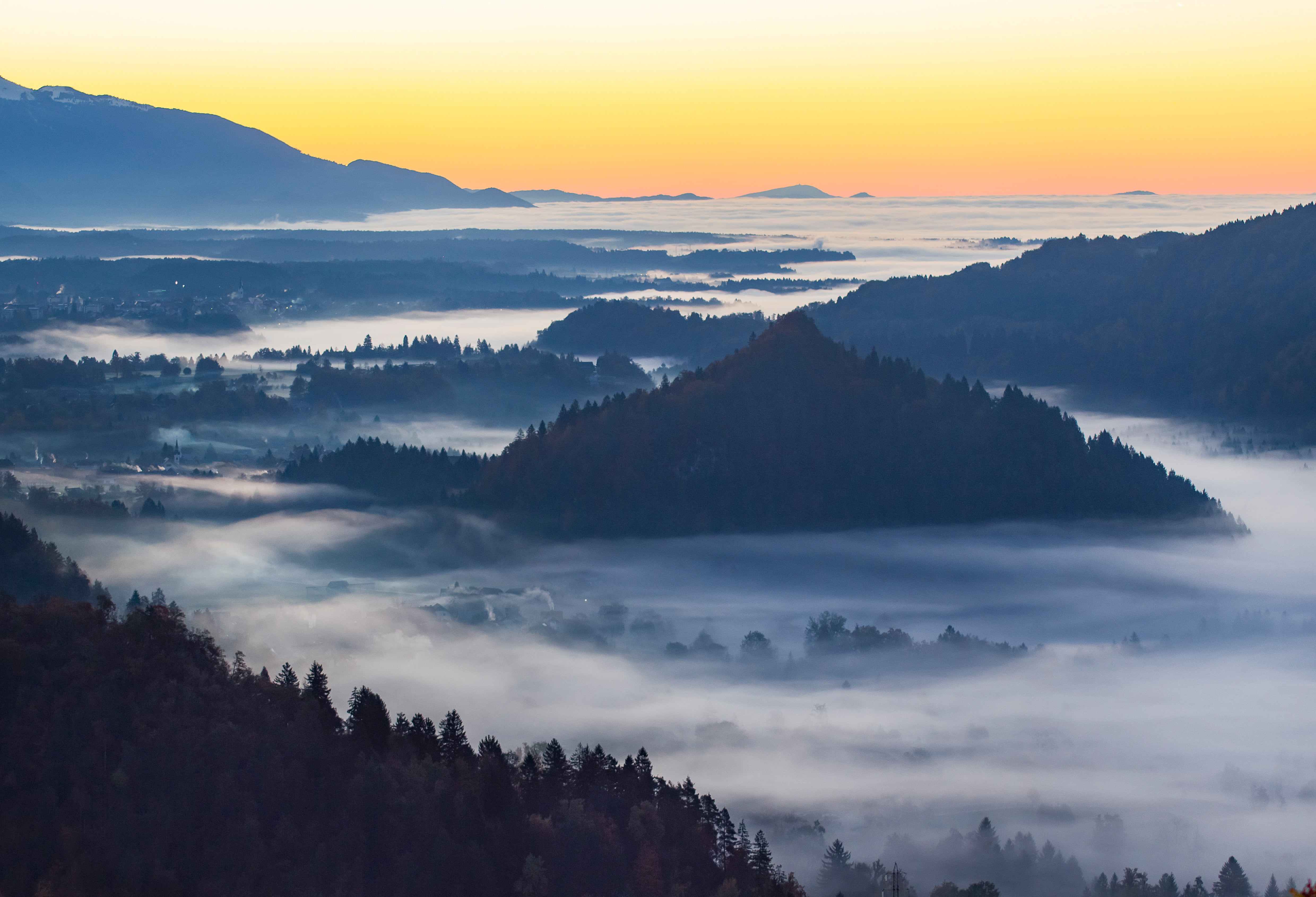 mountains, sky, fog, high angle view, no people, landscape, beauty in nature, tree, tranquil scene, mountain top, tranquility, environment, photography, HD Wallpaper