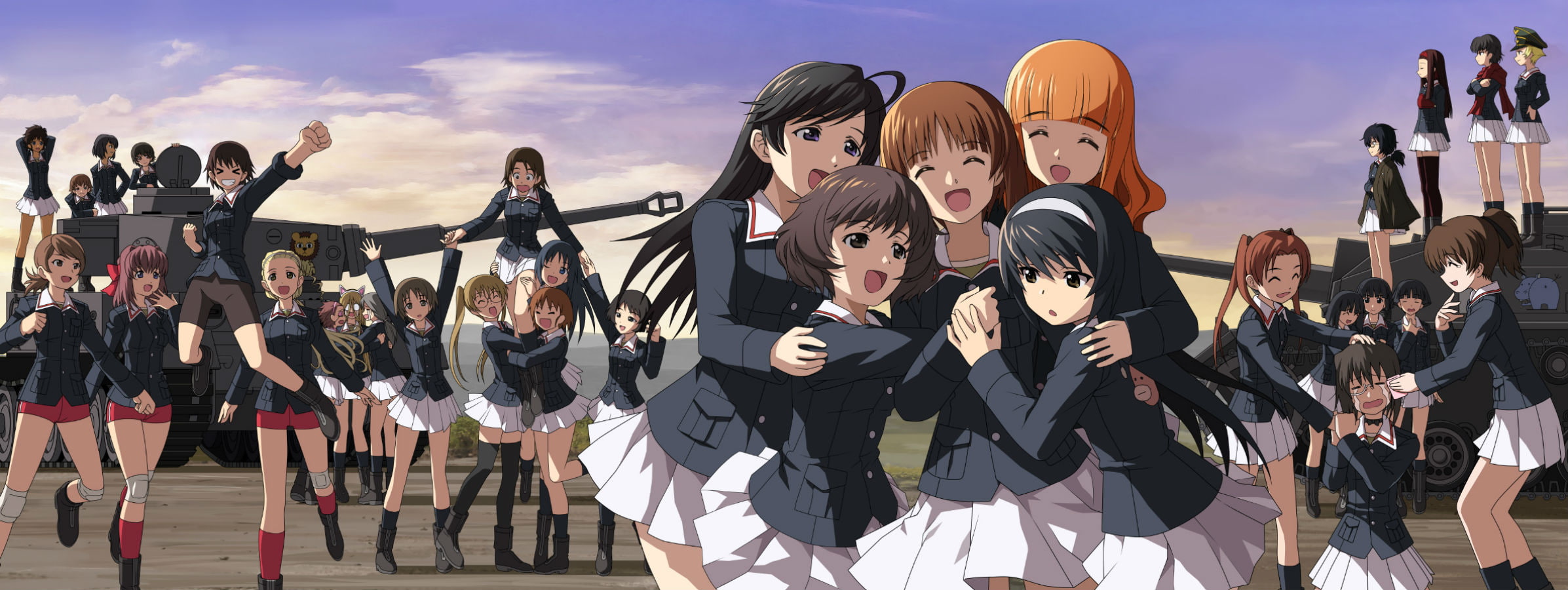 skirt, group, hug, momogaa, long, saemonza, weapon, yudofu, 1080P, piyotan, hat, oono, seifuku, hair, nekonyaa, erwin, glasses, und, aya, panzer, girls, HD Wallpaper