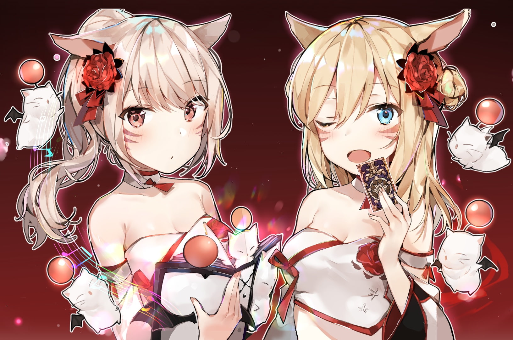 fantasy, final, ears, 720P, book, red, wink, brown, eyes, gradient, 255226, com, blonde, aqua, hair, konachan, animal, moogle, blush, long, tattoo, kurut, HD Wallpaper