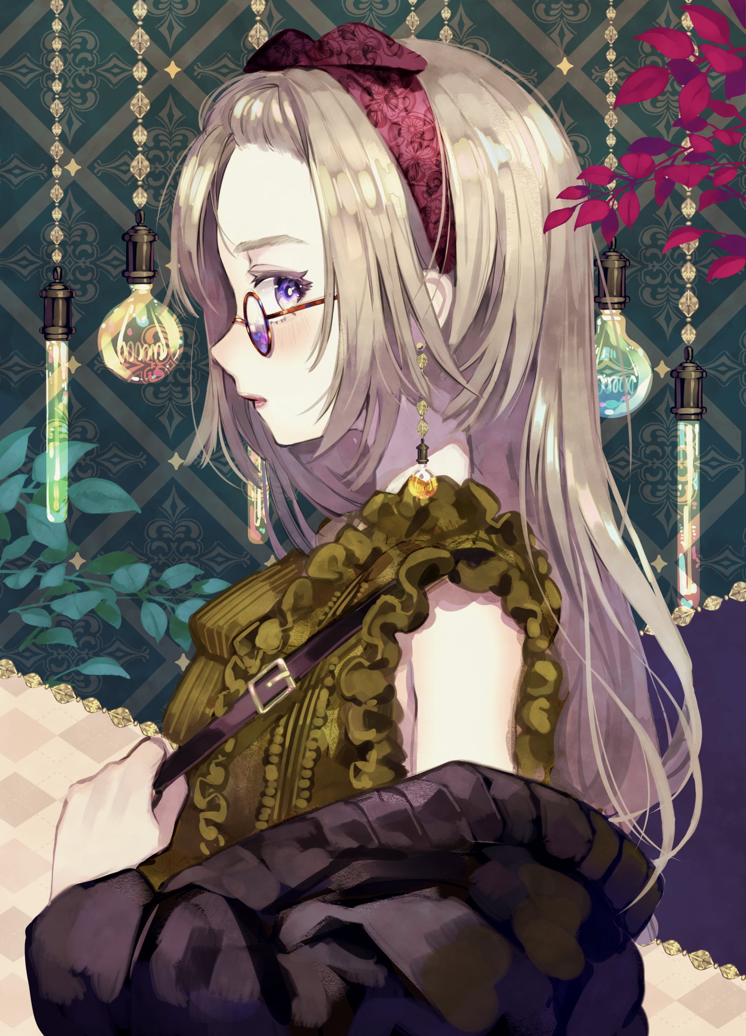 long hair, 1080P, headband, 2D, artwork, women, blonde, profile, side view, blushing, women with glasses, Nanna Fujimi, anime, lightbulb, drawing, anime girls, Phone HD Wallpaper