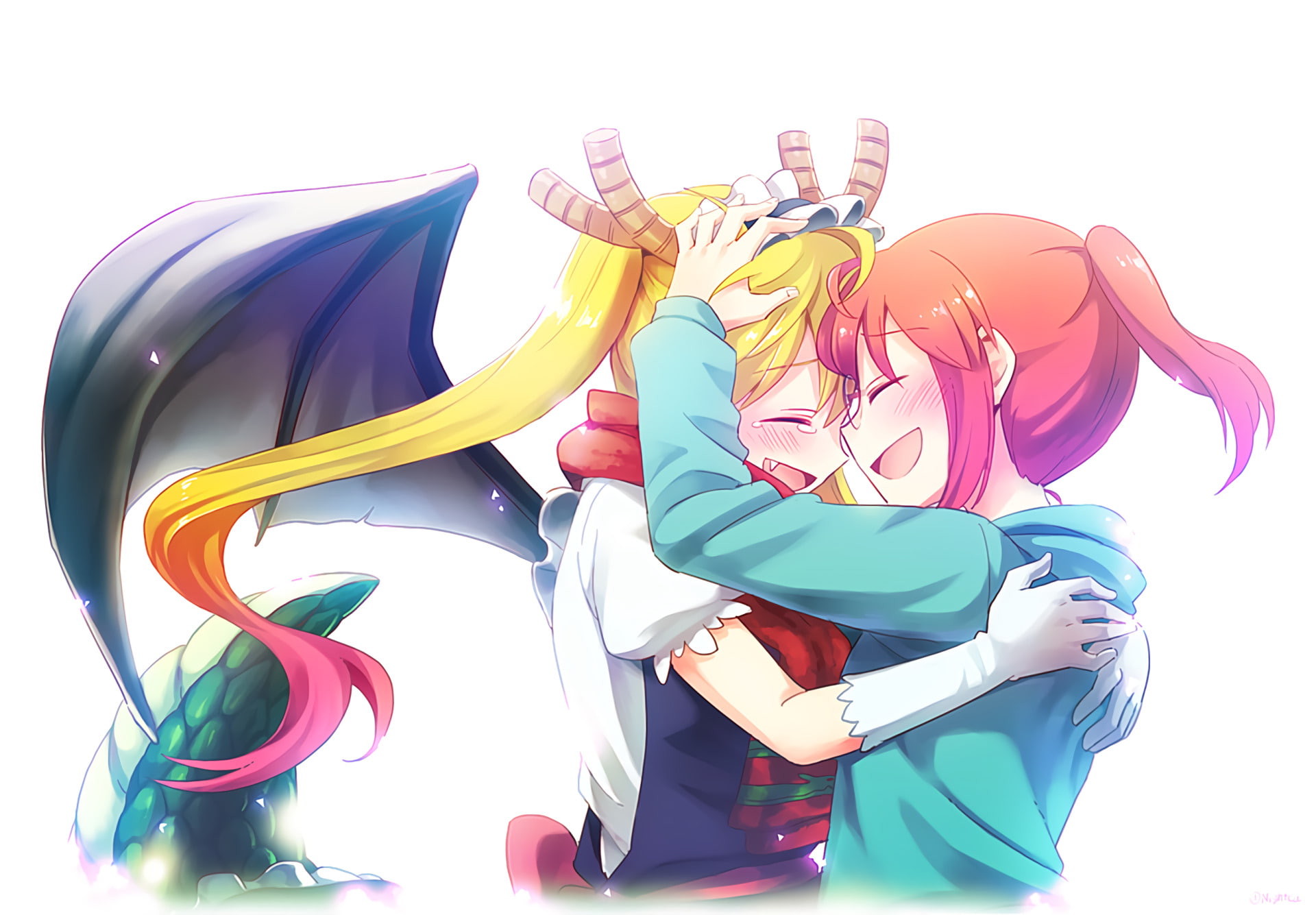Blonde, Glove, Fangs, arms raised, Girl, Long Hair, Scarf, 1080P, inflatable, adult, Smile, human arm, Horns, pink color, white background, Miss Kobayashis Dragon Maid, HD Wallpaper