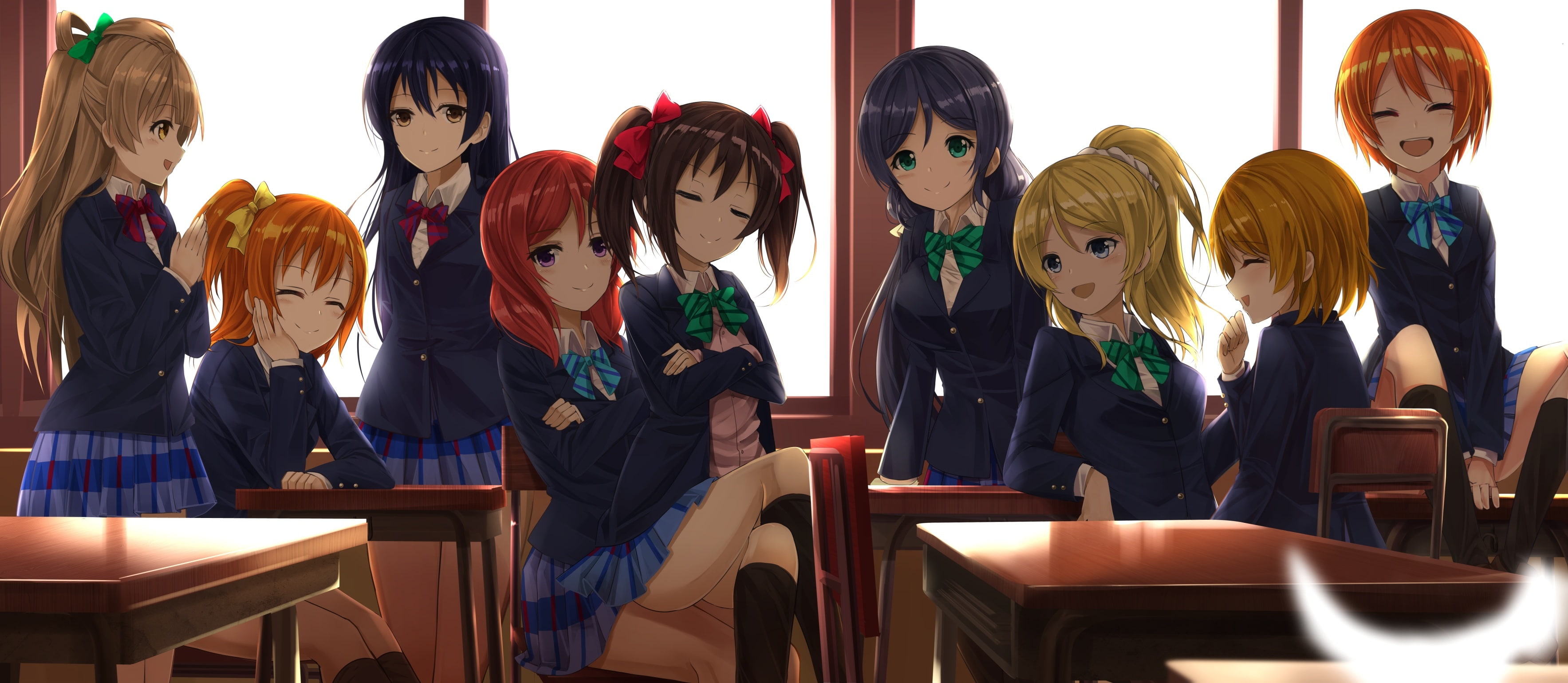 238704, ponytail, aqua, blue, brown, 2K, com, ayase, blush, orein, bow, seifuku, hair, red, black, long, konachan, kneehighs, twintails, eri, group, eyes, HD Wallpaper