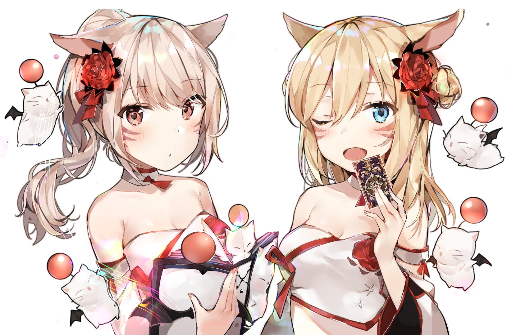 konachan, blonde, final, fantasy, long, catgirl, blush, tattoo, brown, kurut, moogle, ponytail, miqote, animal, white, com, ears, 720P, aqua, hair, eyes, HD Wallpaper