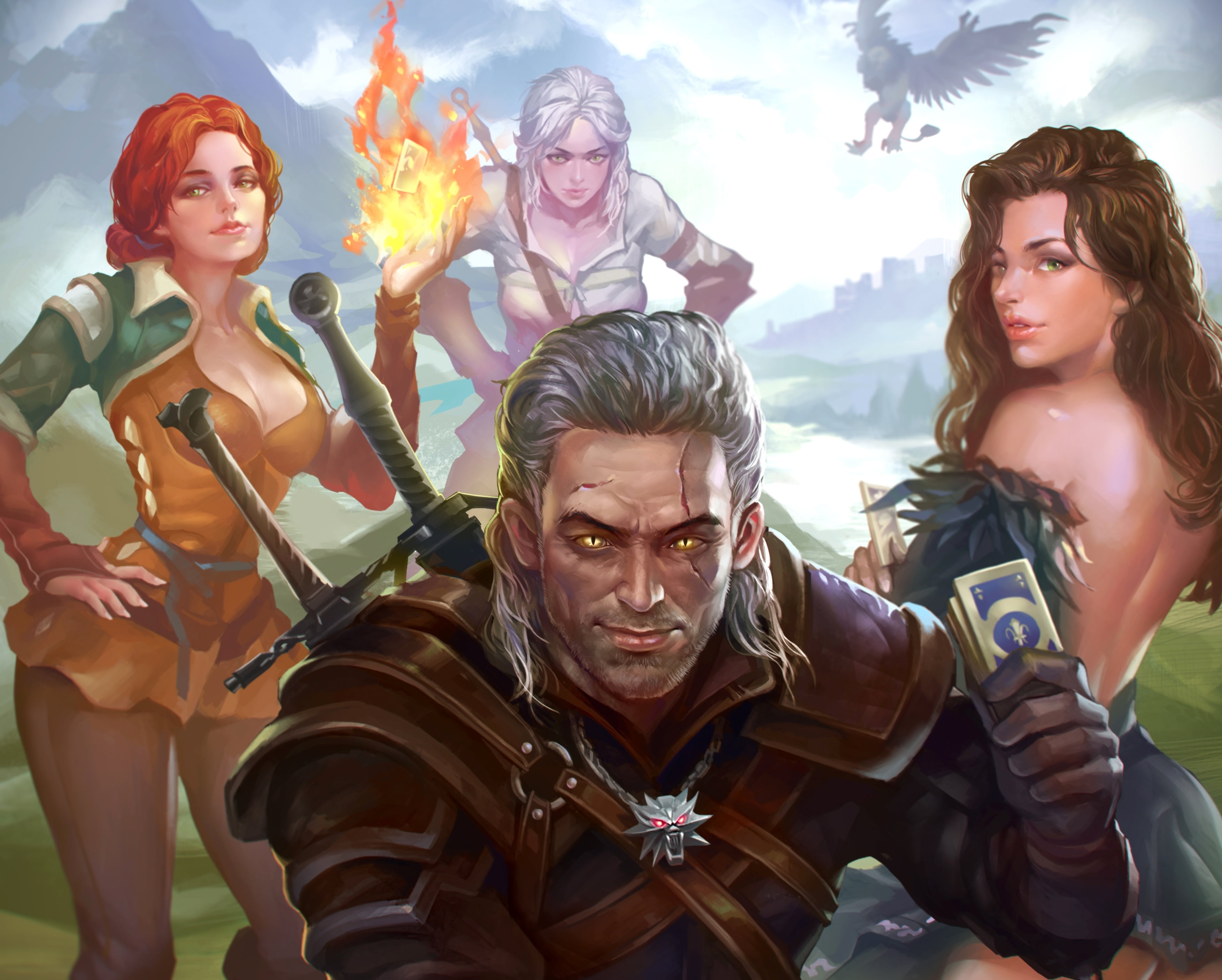 weapon, adult, Wild Hunt, gwent, friendship, geralt, warriors, White One, caucasian Ethnicity, human arm, portrait, Triss, outdoors, leisure activity, happiness, HD Wallpaper
