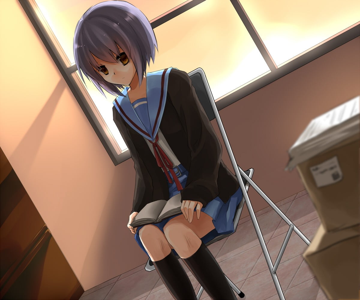 480P, women, railing, standing, front view, indoors, one person, anime, sitting, full length, bag, low angle view, Nagato Yuki, The Melancholy of Haruhi Suzumiya, HD Wallpaper